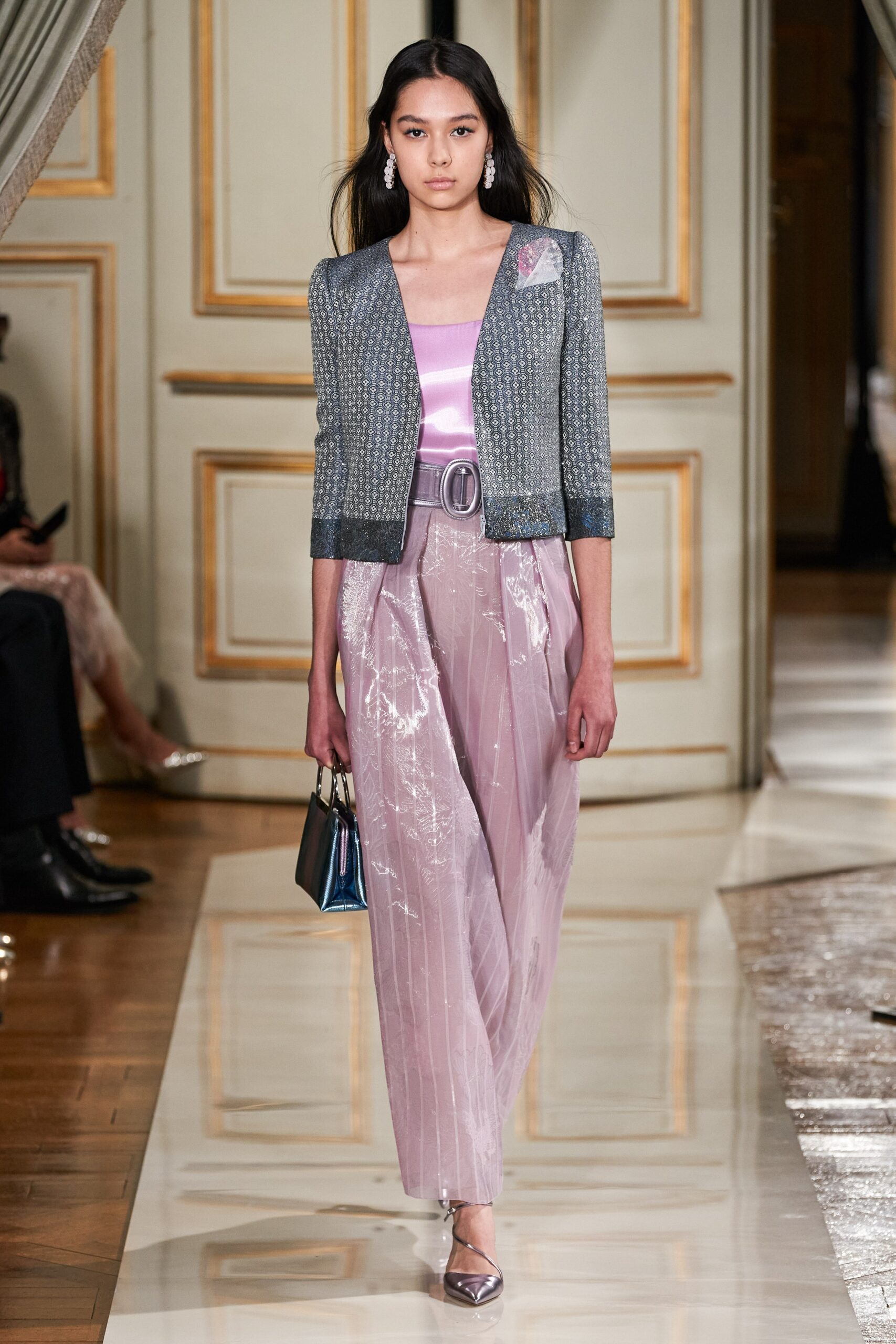 gray tailored jacket with pink top