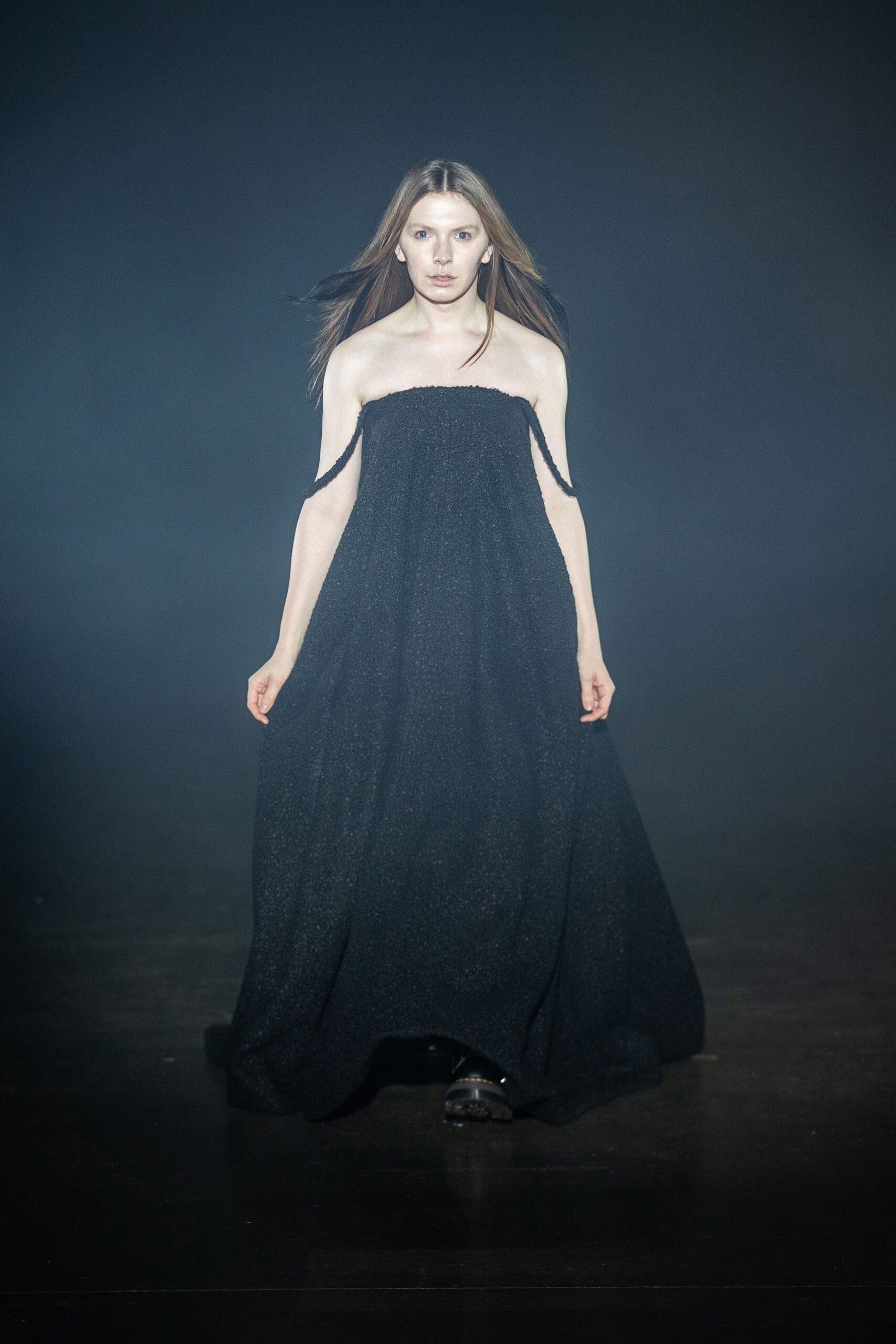 black silk strapless gown