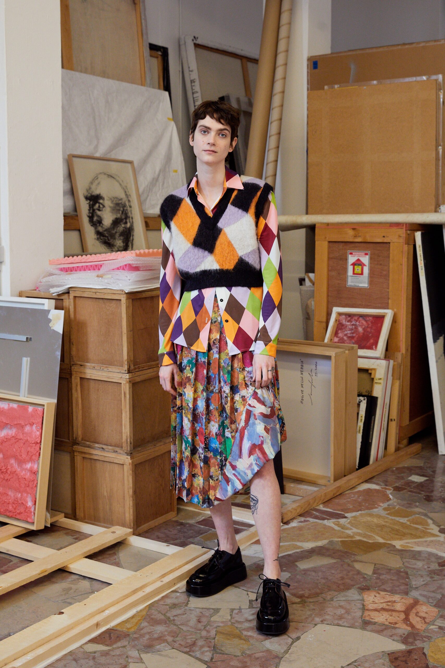 color-blocked wool sweater and tiered skirt