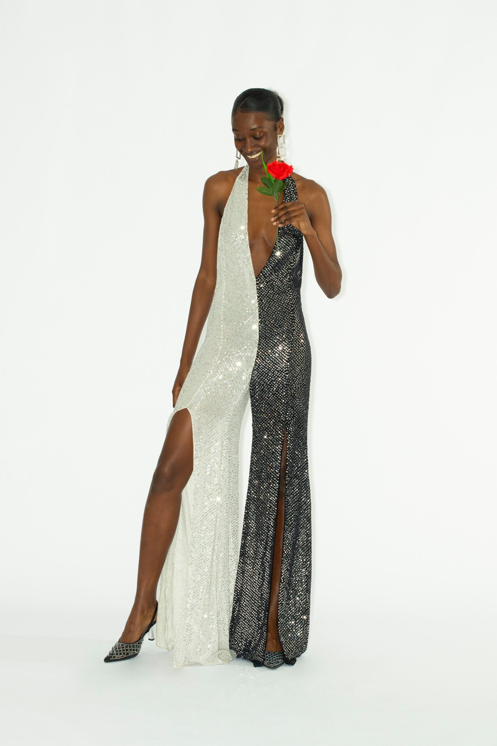 black and white sequined gown