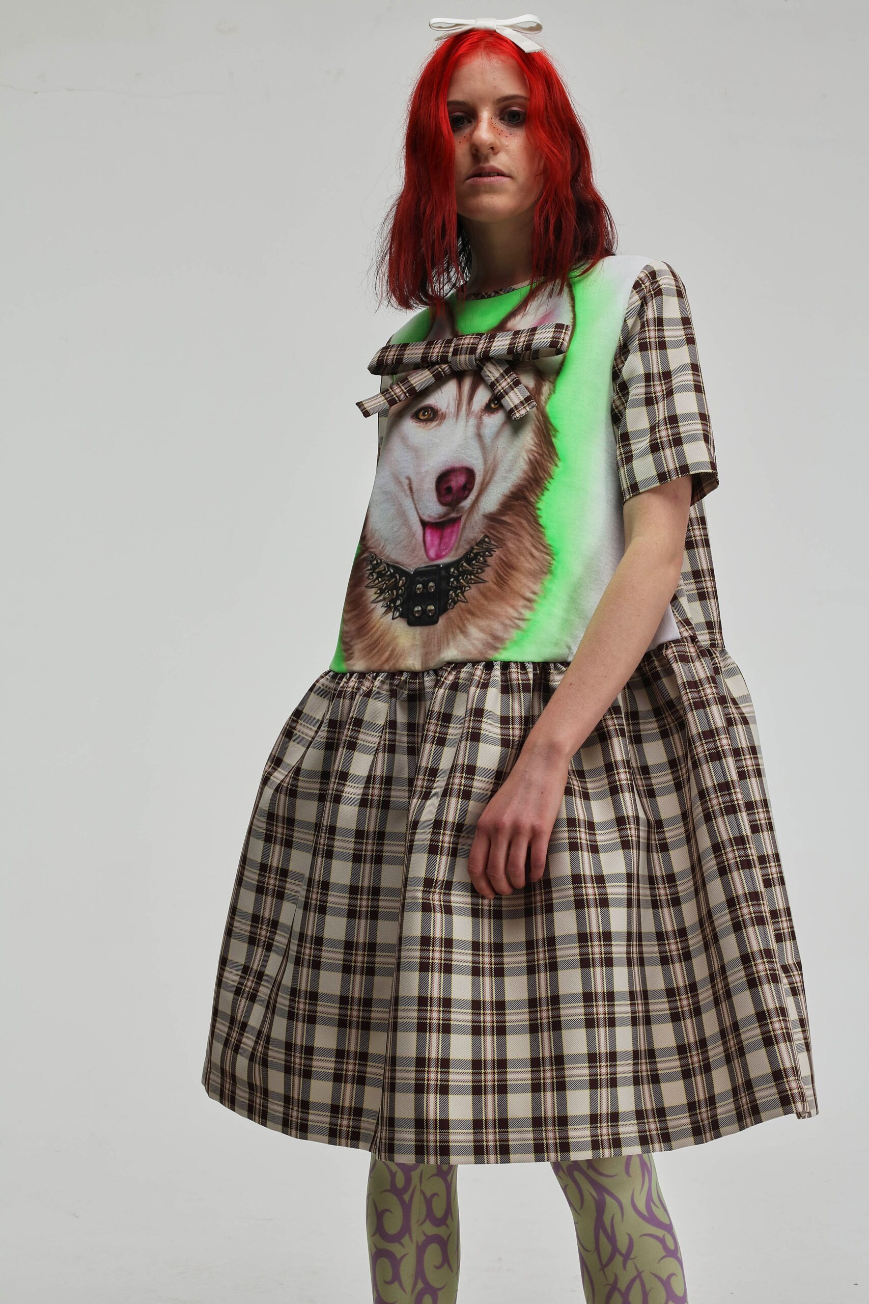 green and brown checked dress