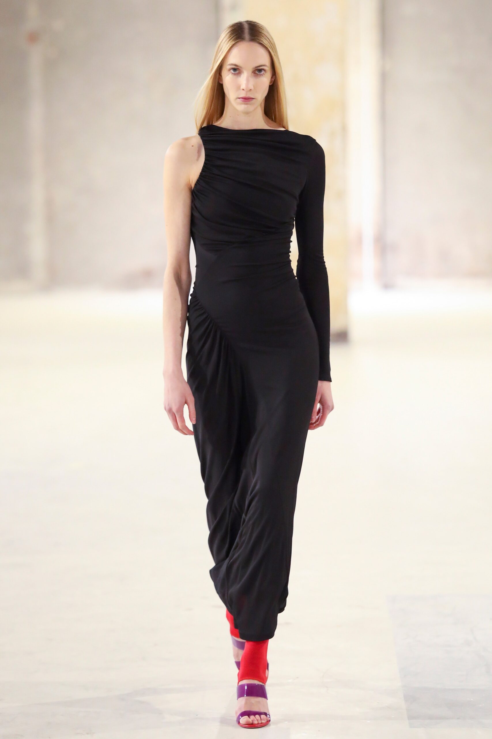black draped maxi dress with colorful shoes