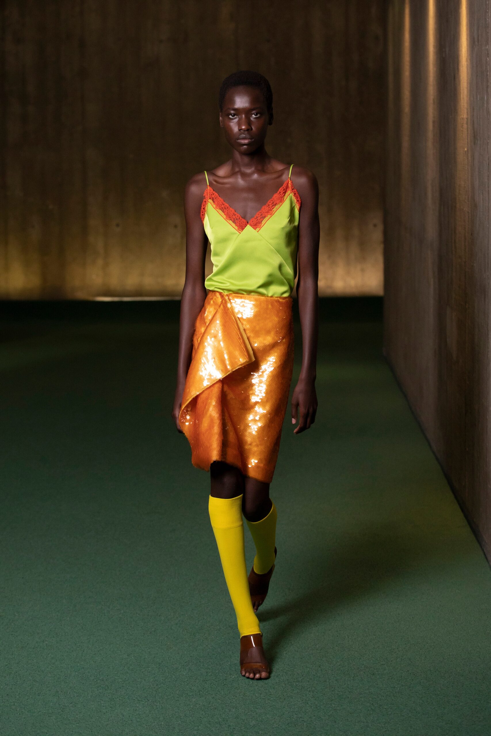 orange silk asymmetric fitted pleated shiny skirt