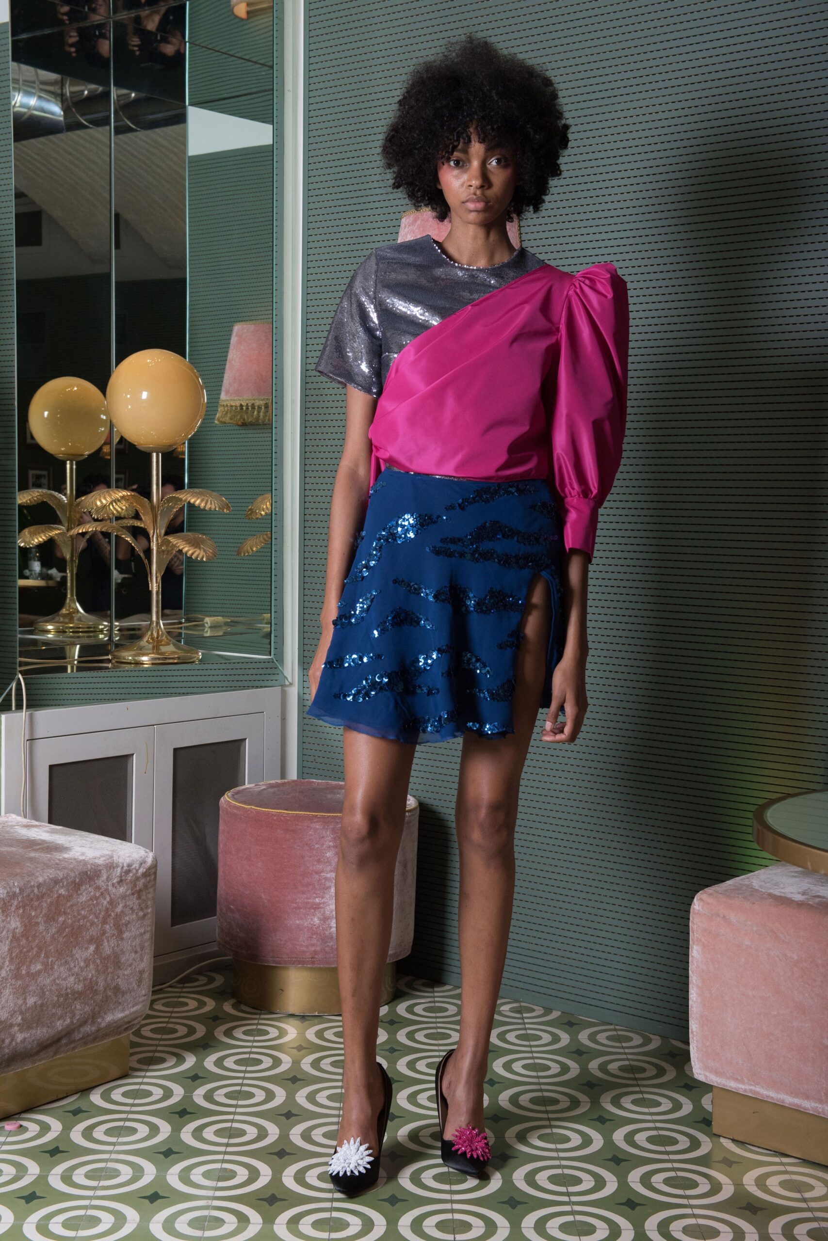 asymmetric pink and gray top with blue sequin skirt