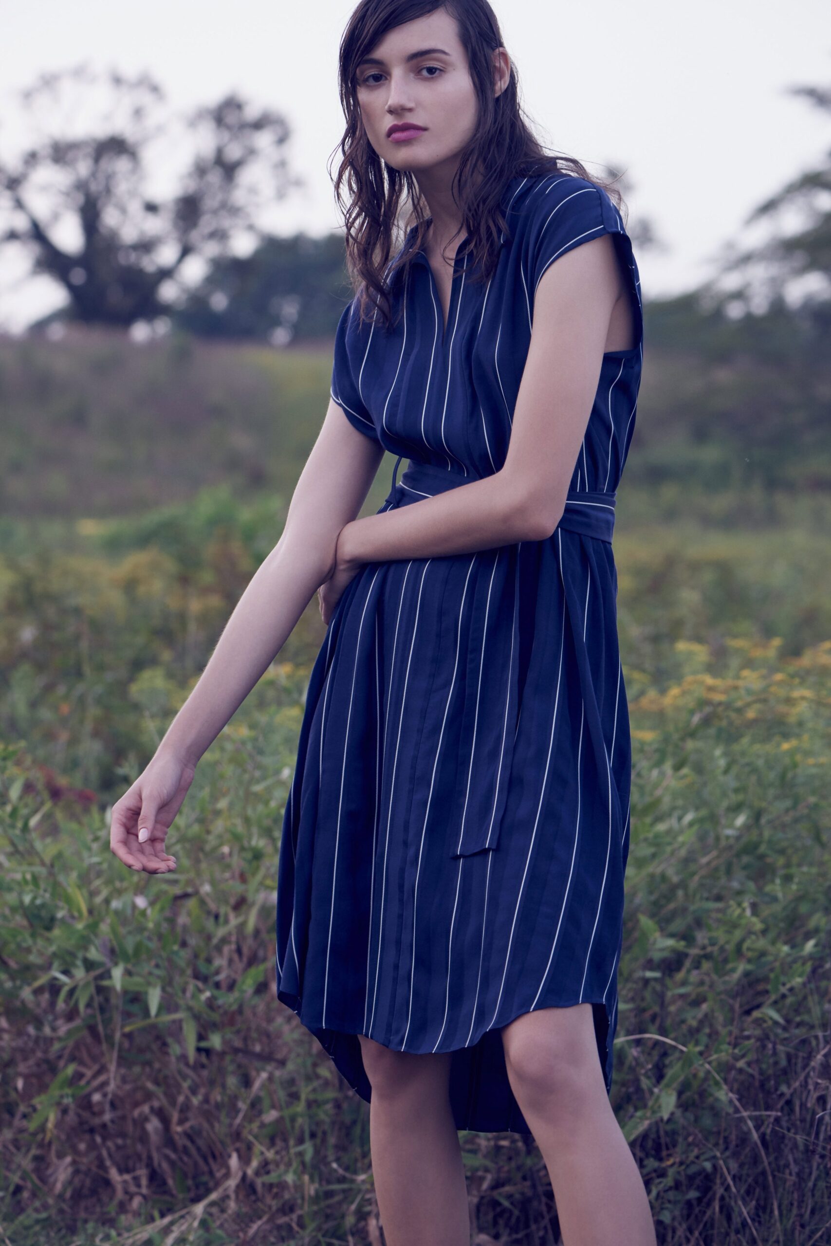 blue silk belted midi dress