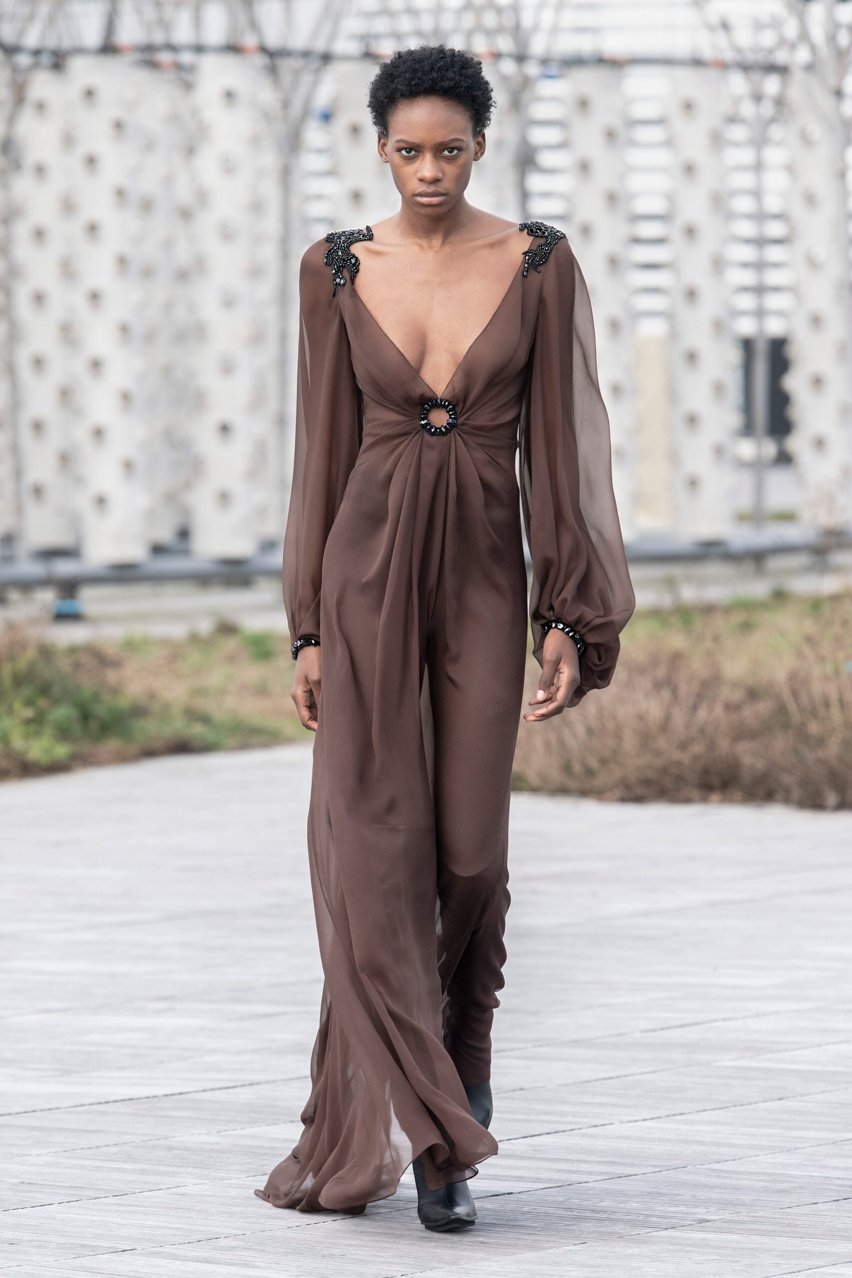 brown silk long-sleeve gown