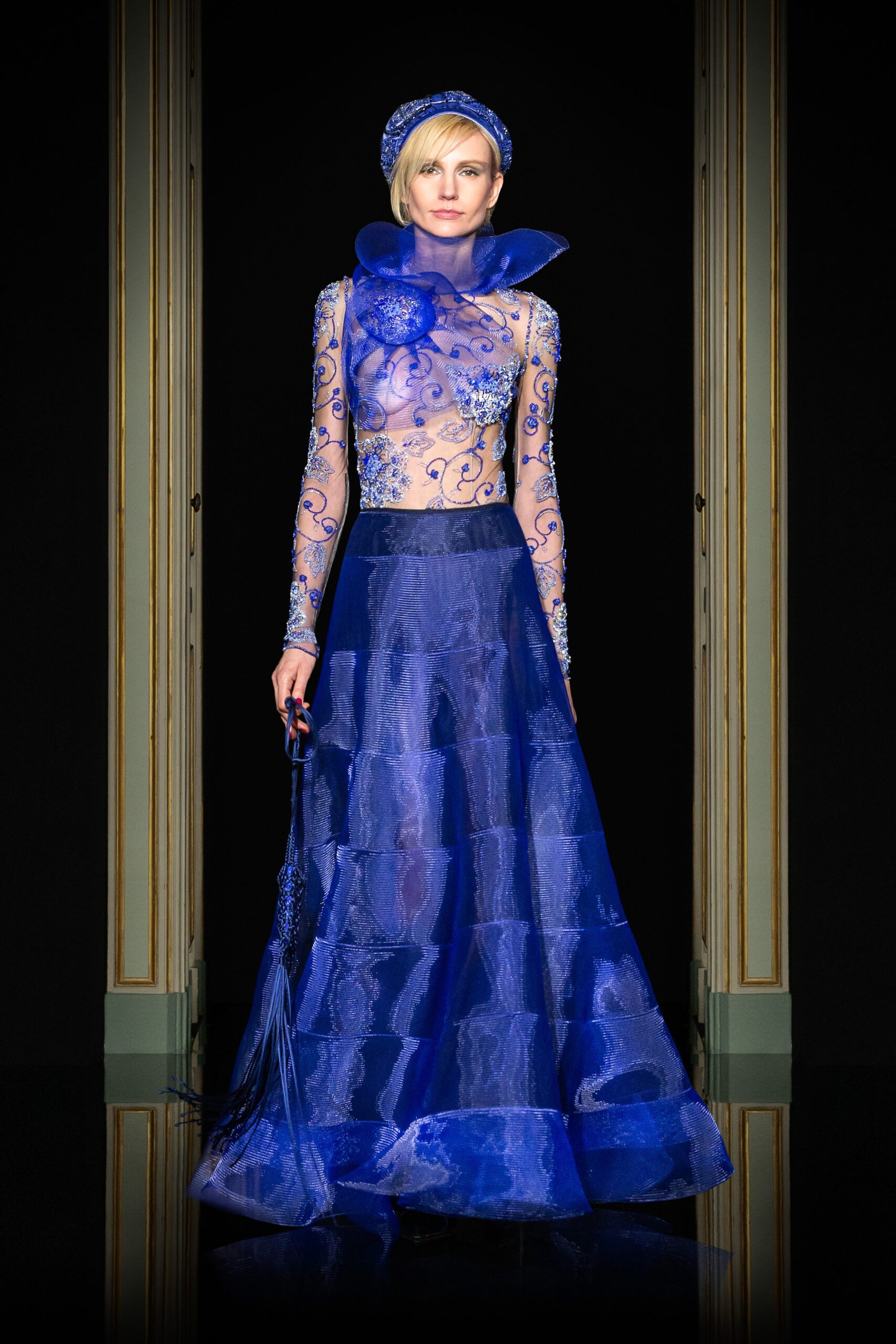 blue embroidered silk gown