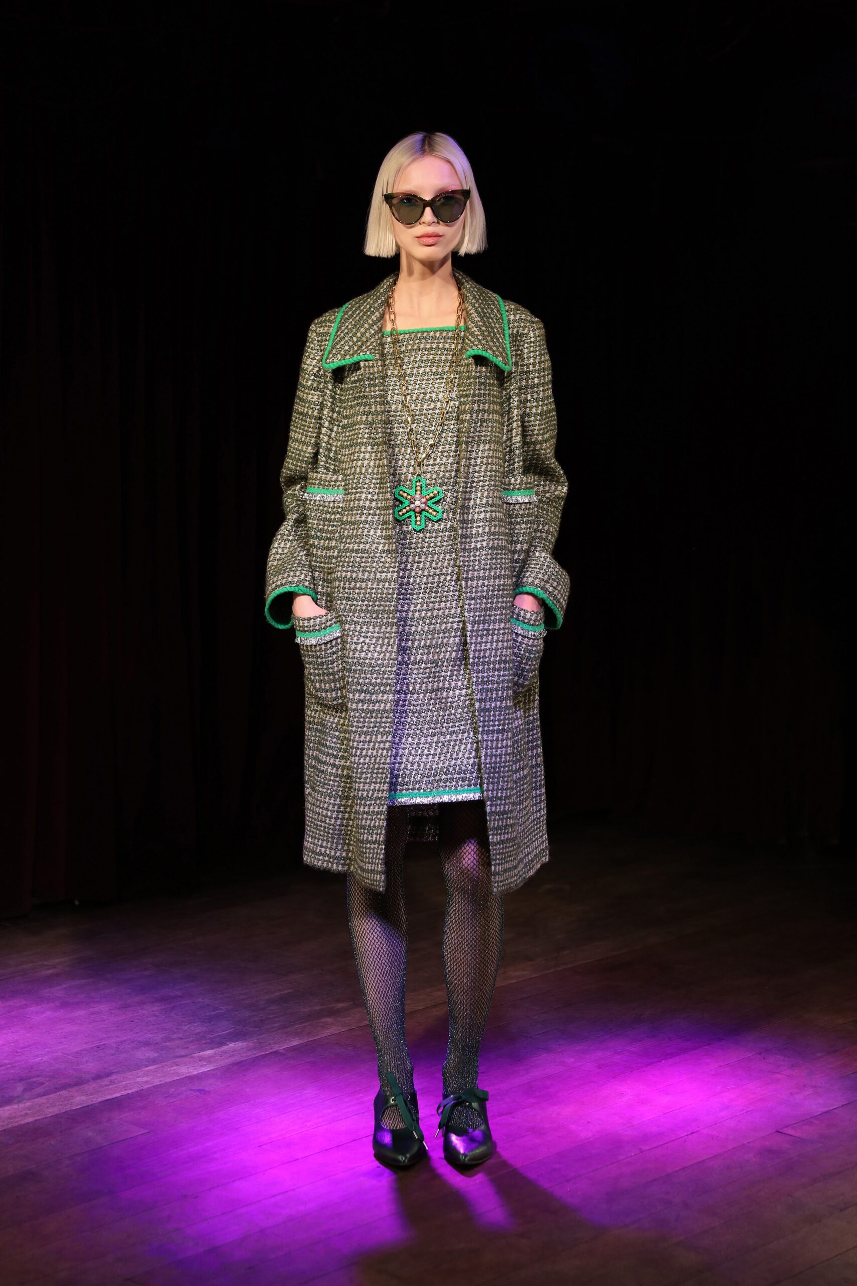 gray tweed coat and dress