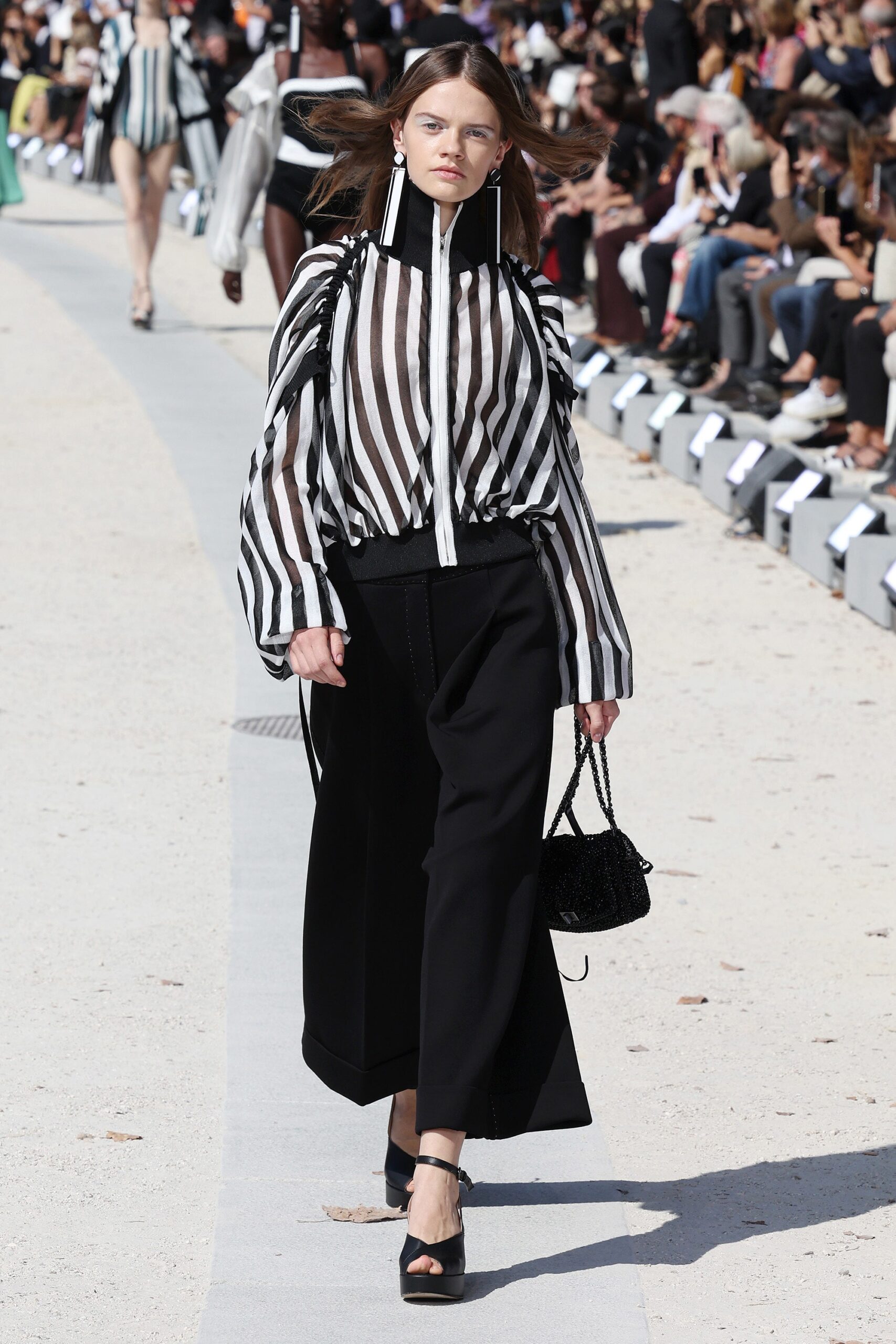 black cotton long-sleeve collared relaxed striped blouse