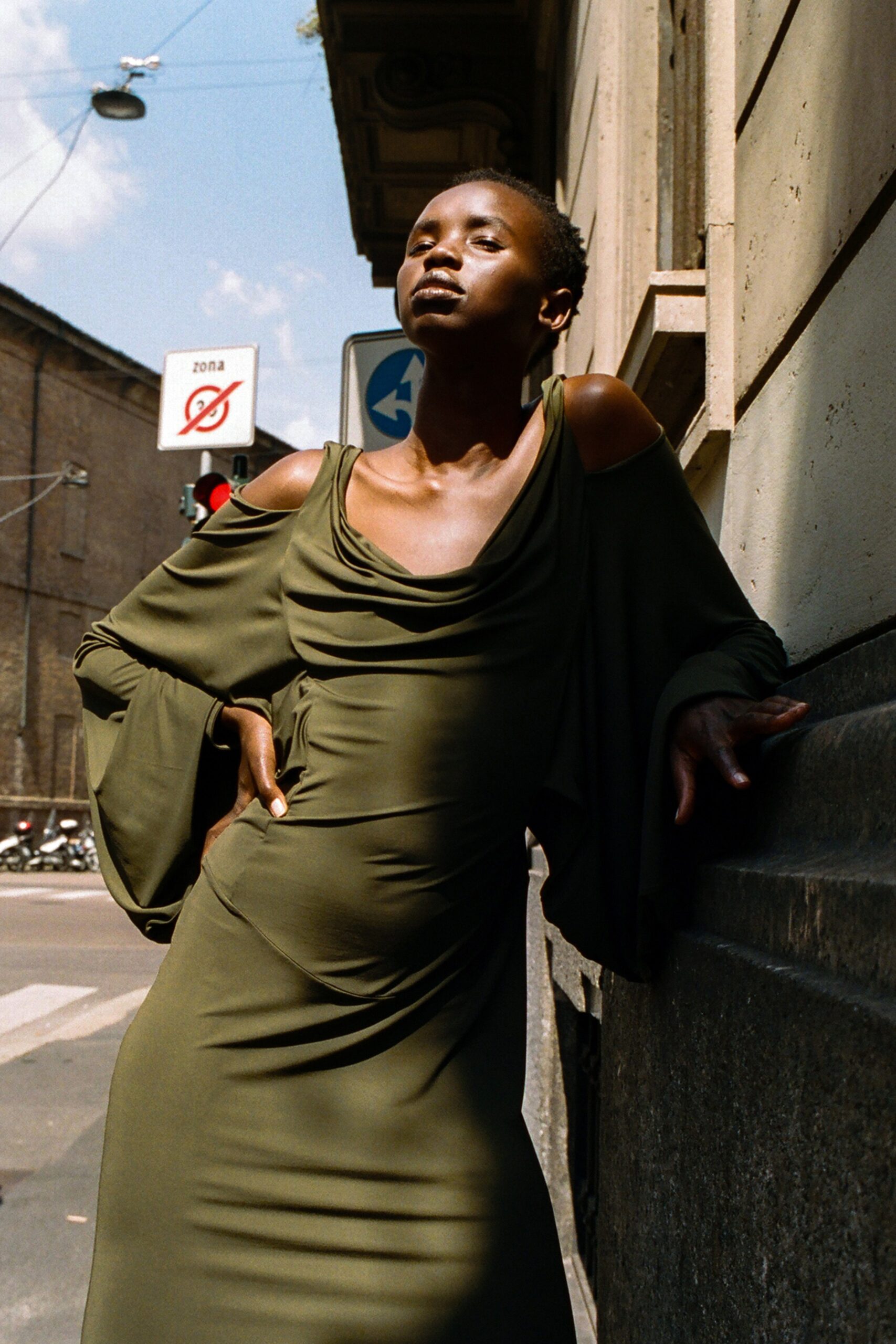 green silk off-shoulder dress