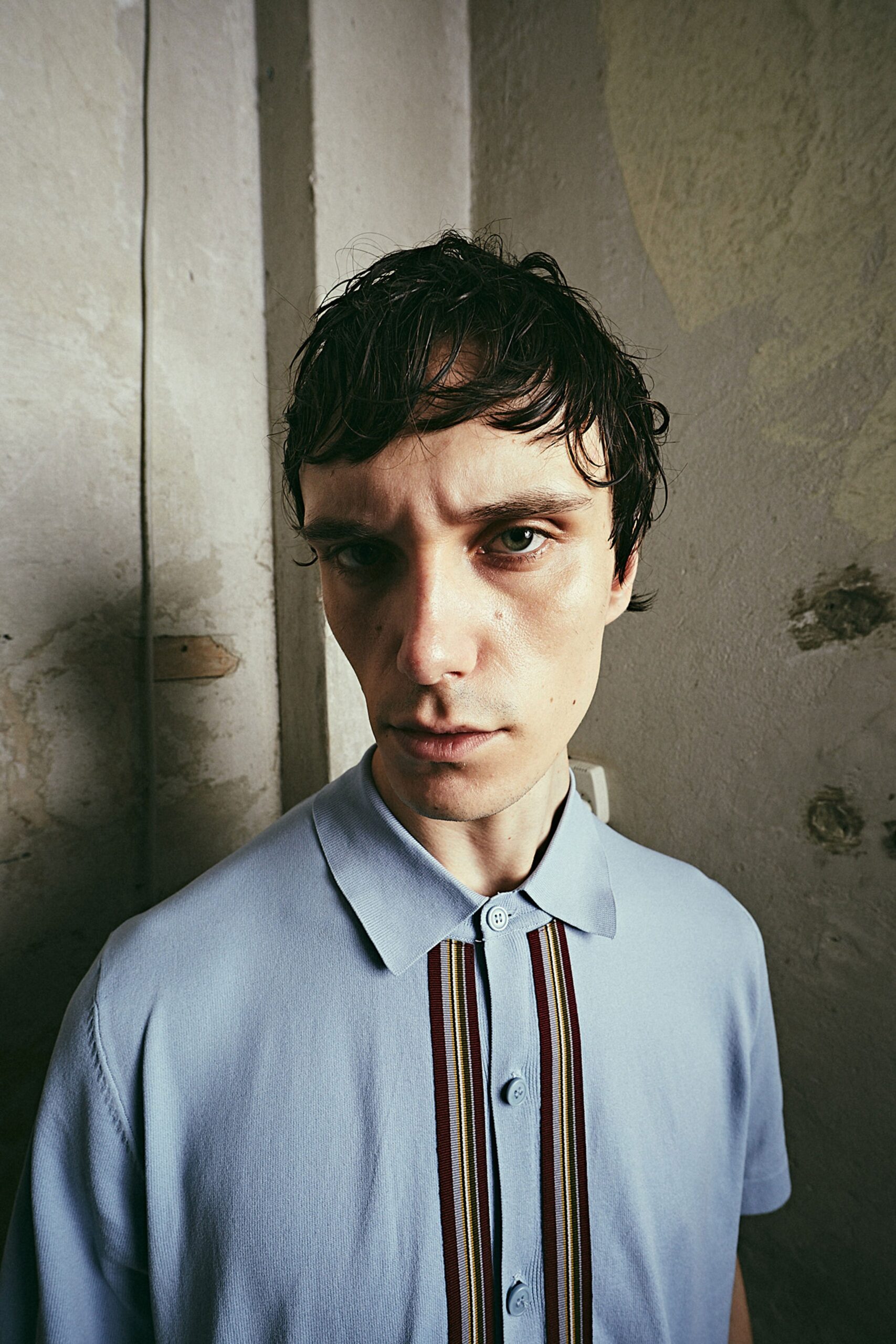 fitted blue collared shirt