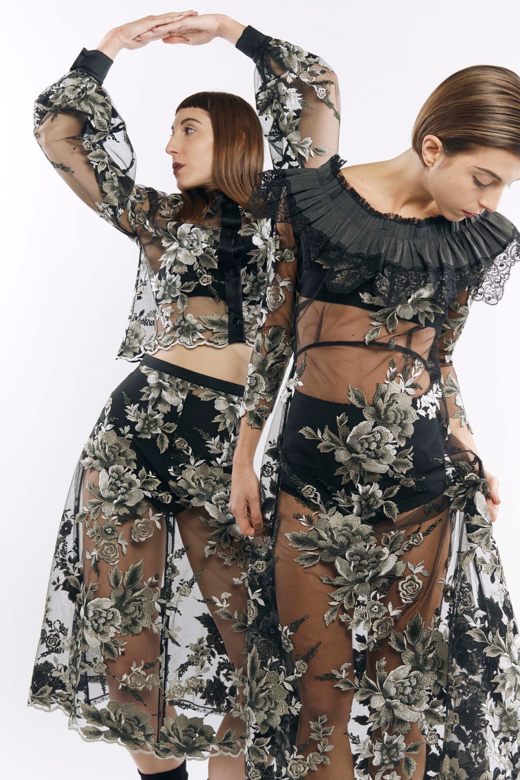 black lace long-sleeve off-shoulder fitted ruffled sheer top