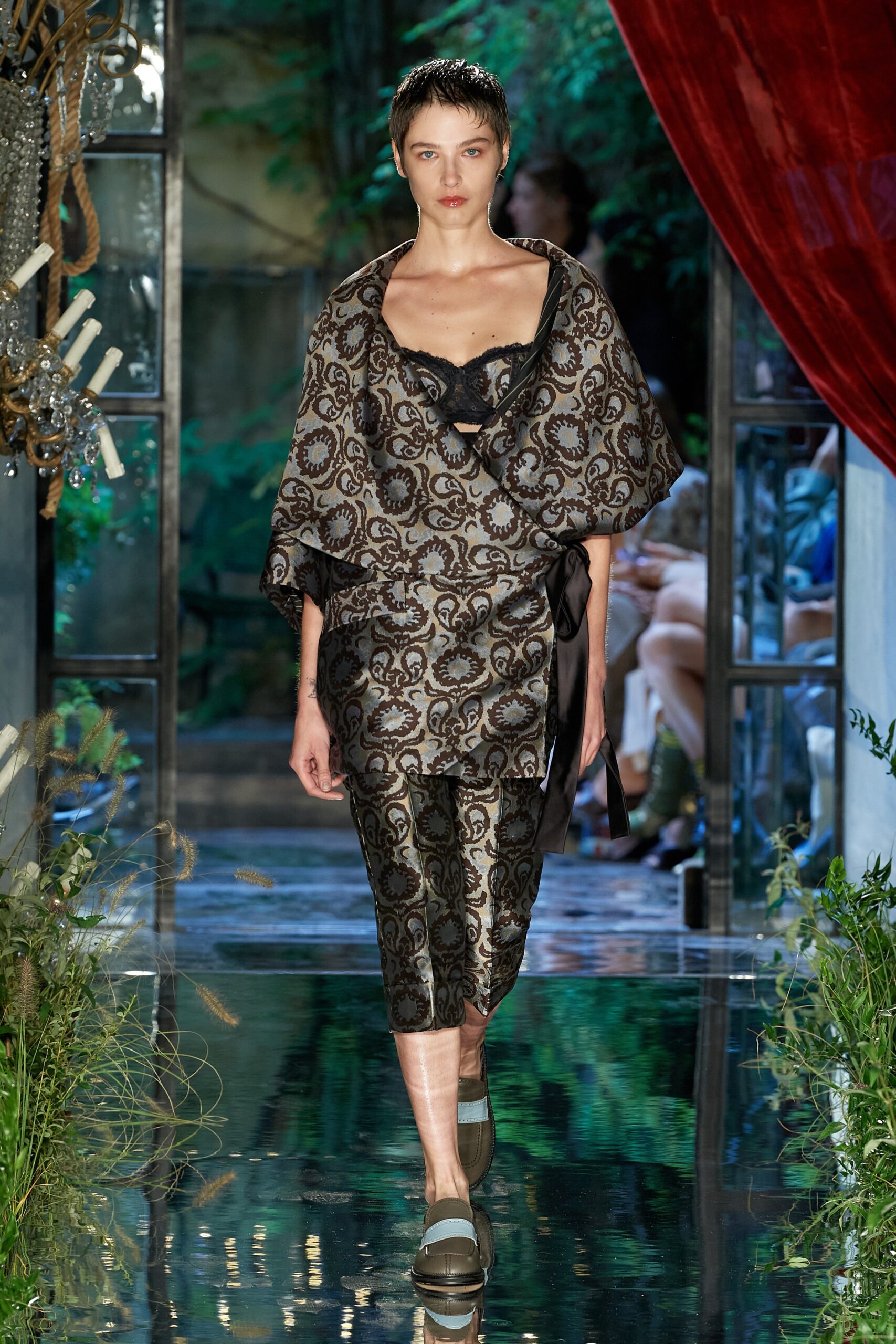 black and gold printed midi dress with cape