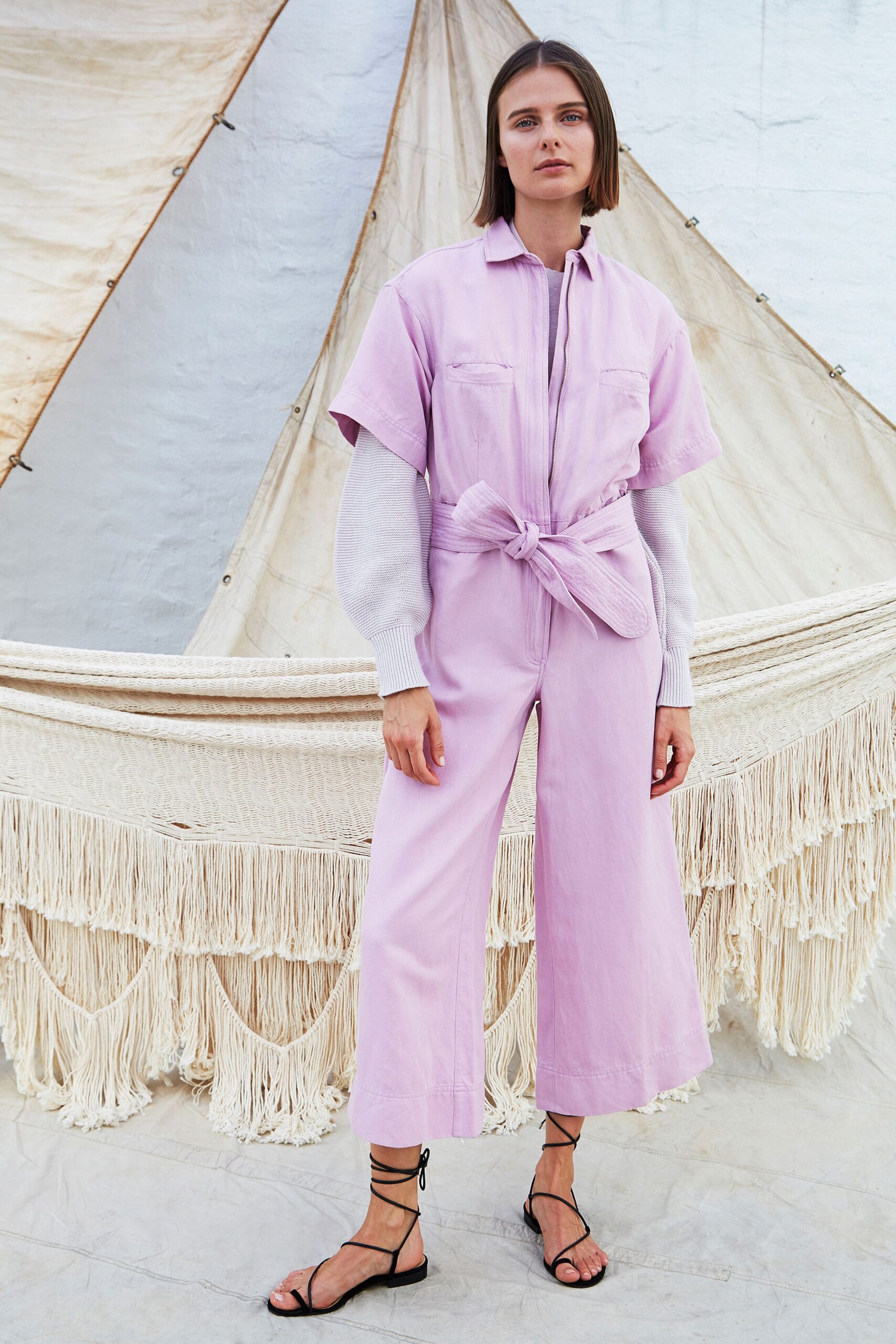 pink cotton short-sleeve collared relaxed belted wide-leg jumpsuit
