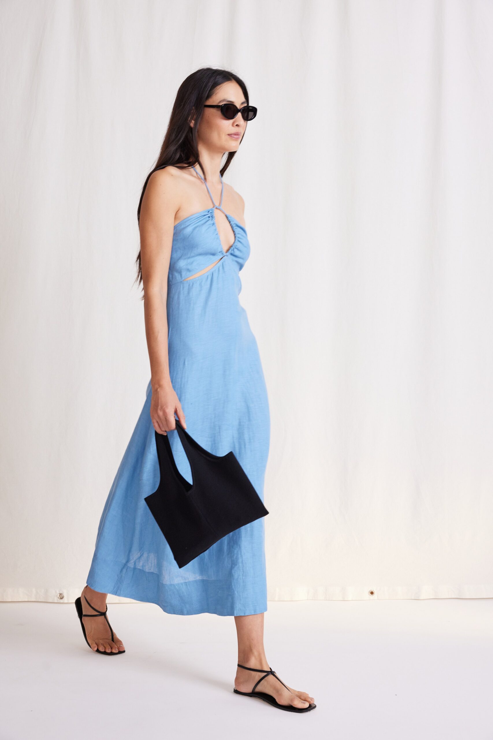 blue fitted halter dress