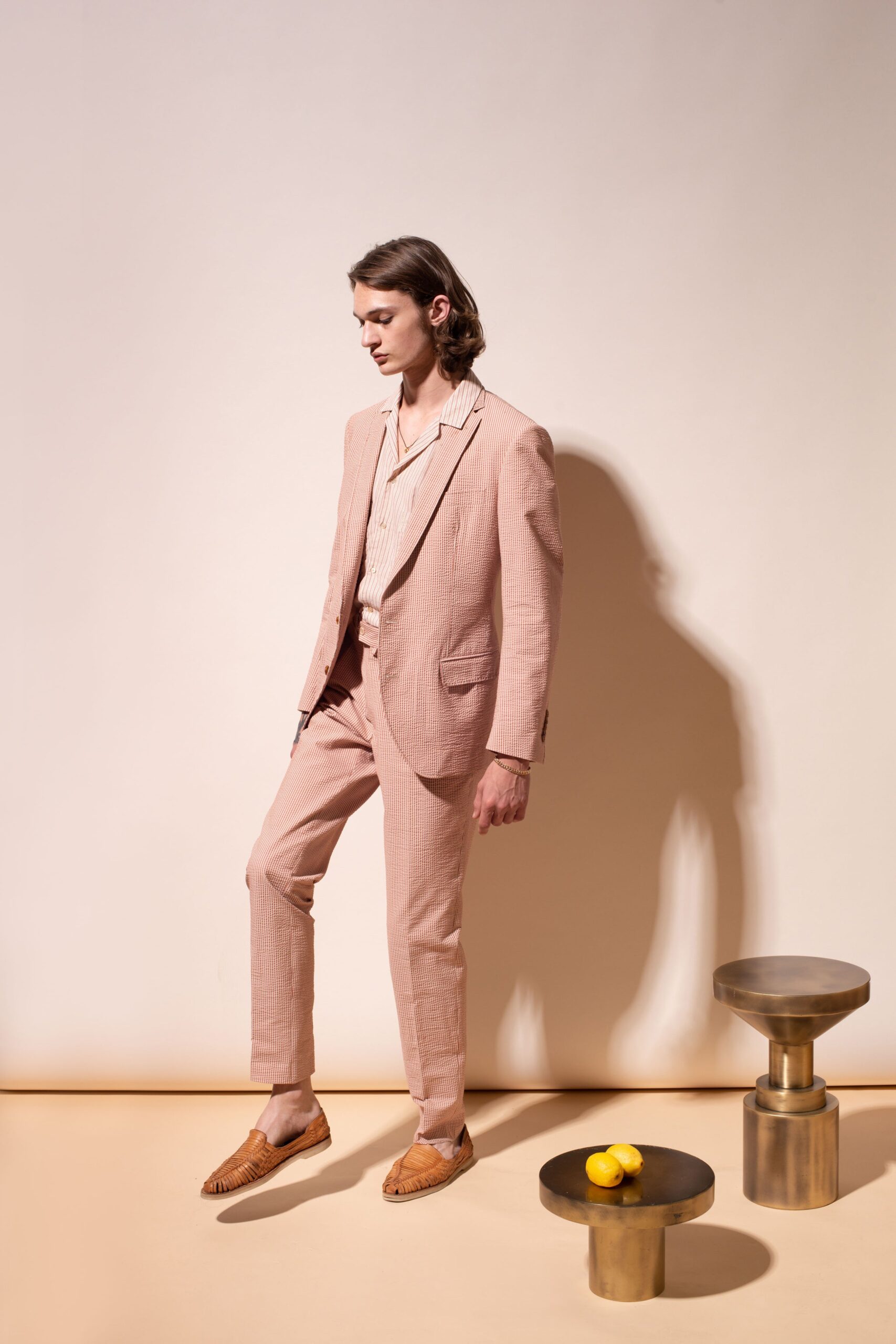 pink linen tailored suit