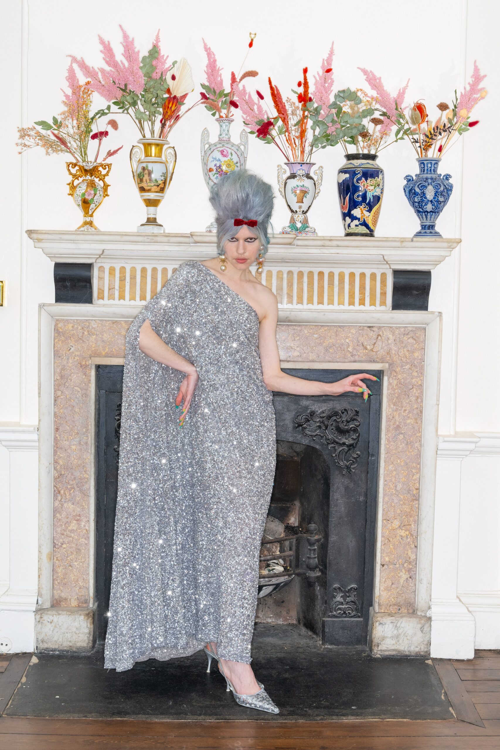 silver sequin asymmetric gown