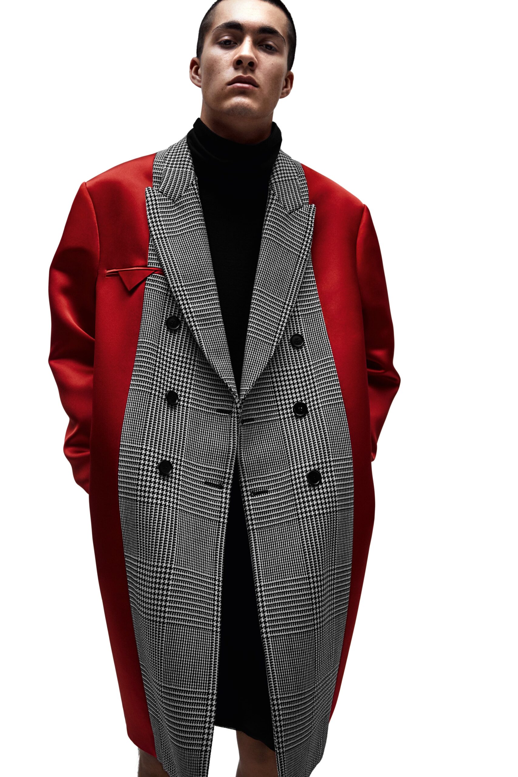 red wool long-sleeve collared oversized checked layered coat