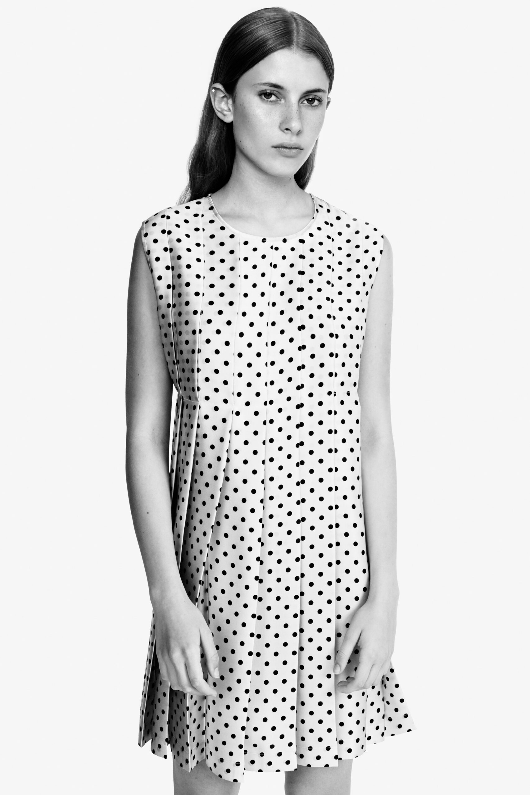 white and black polka-dot dress