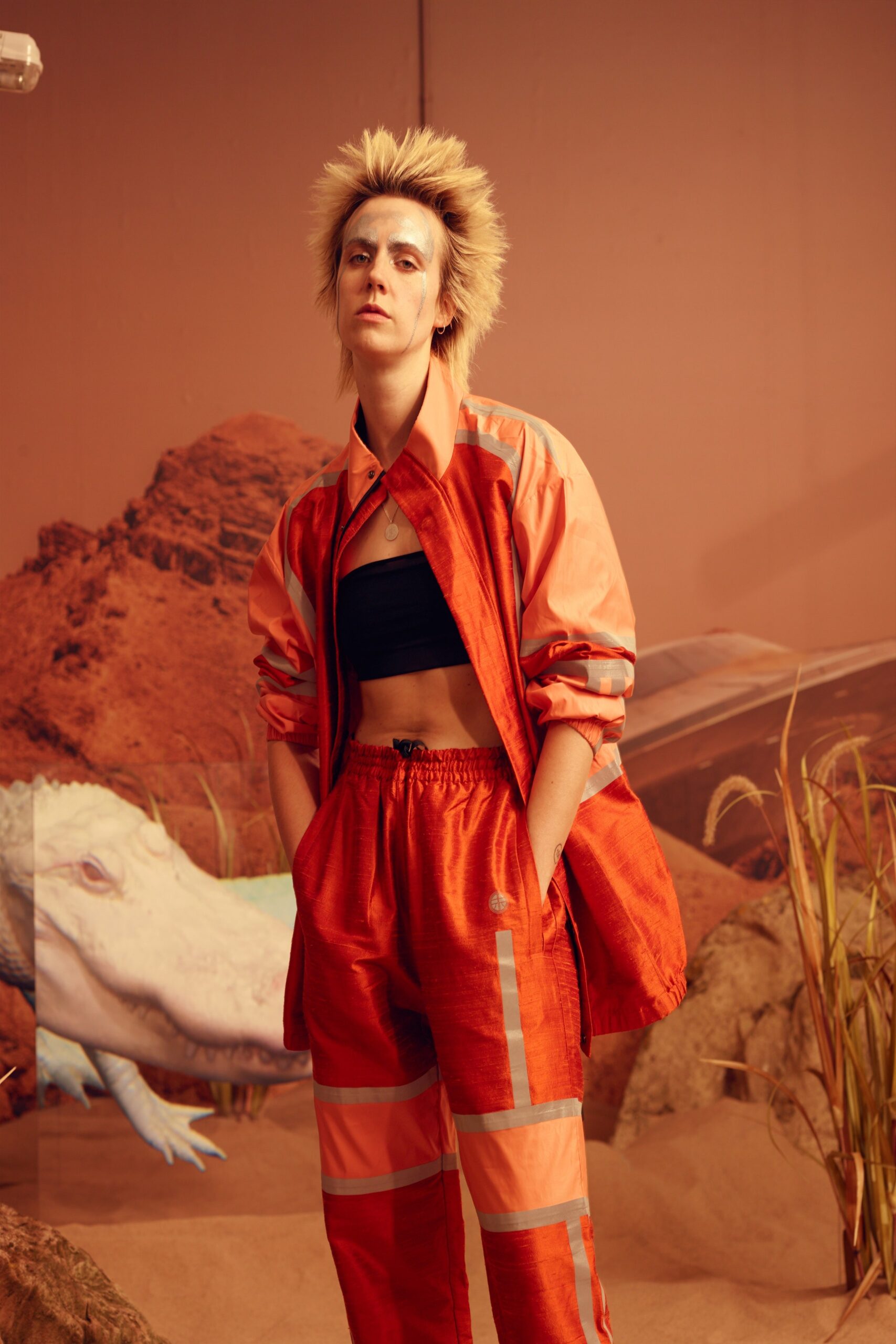 orange jacket black fitted top