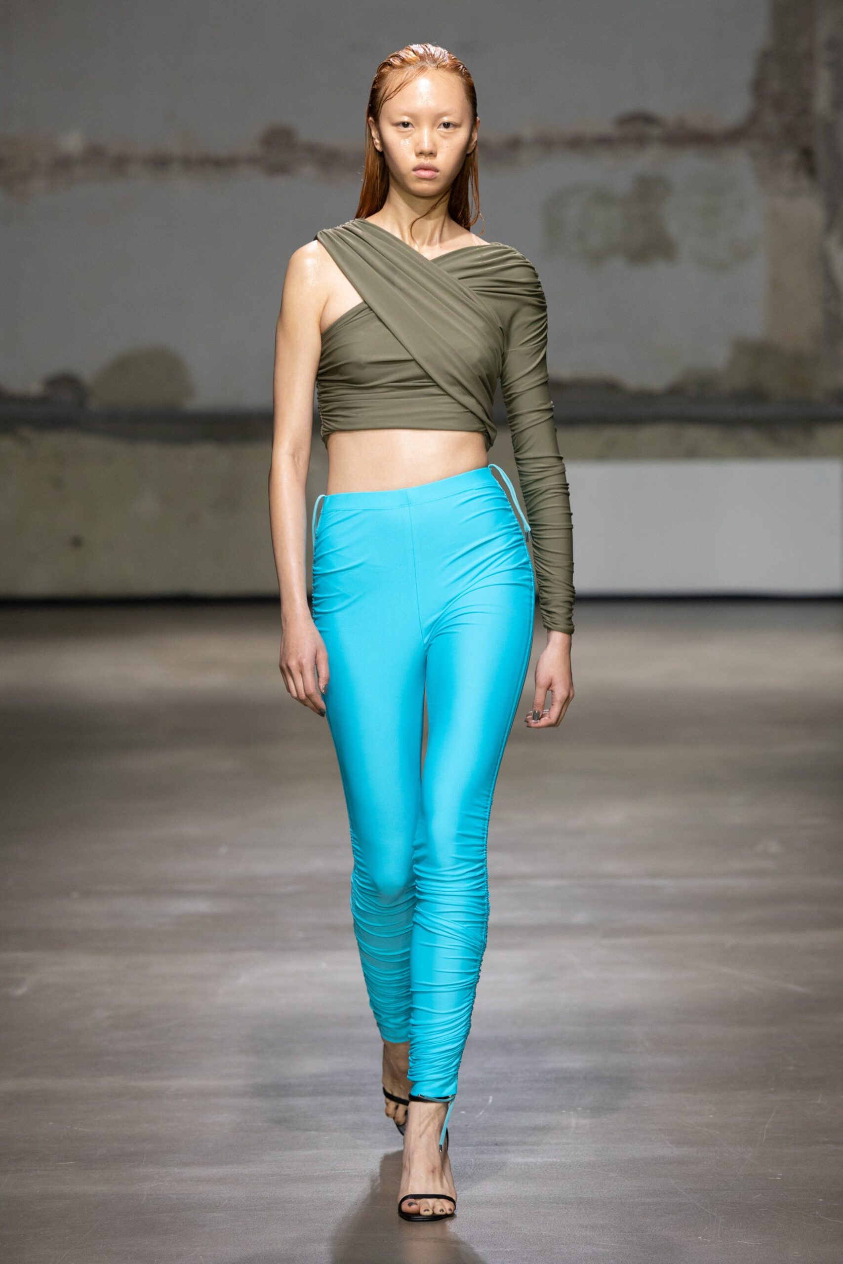 fitted olive top with aqua pants
