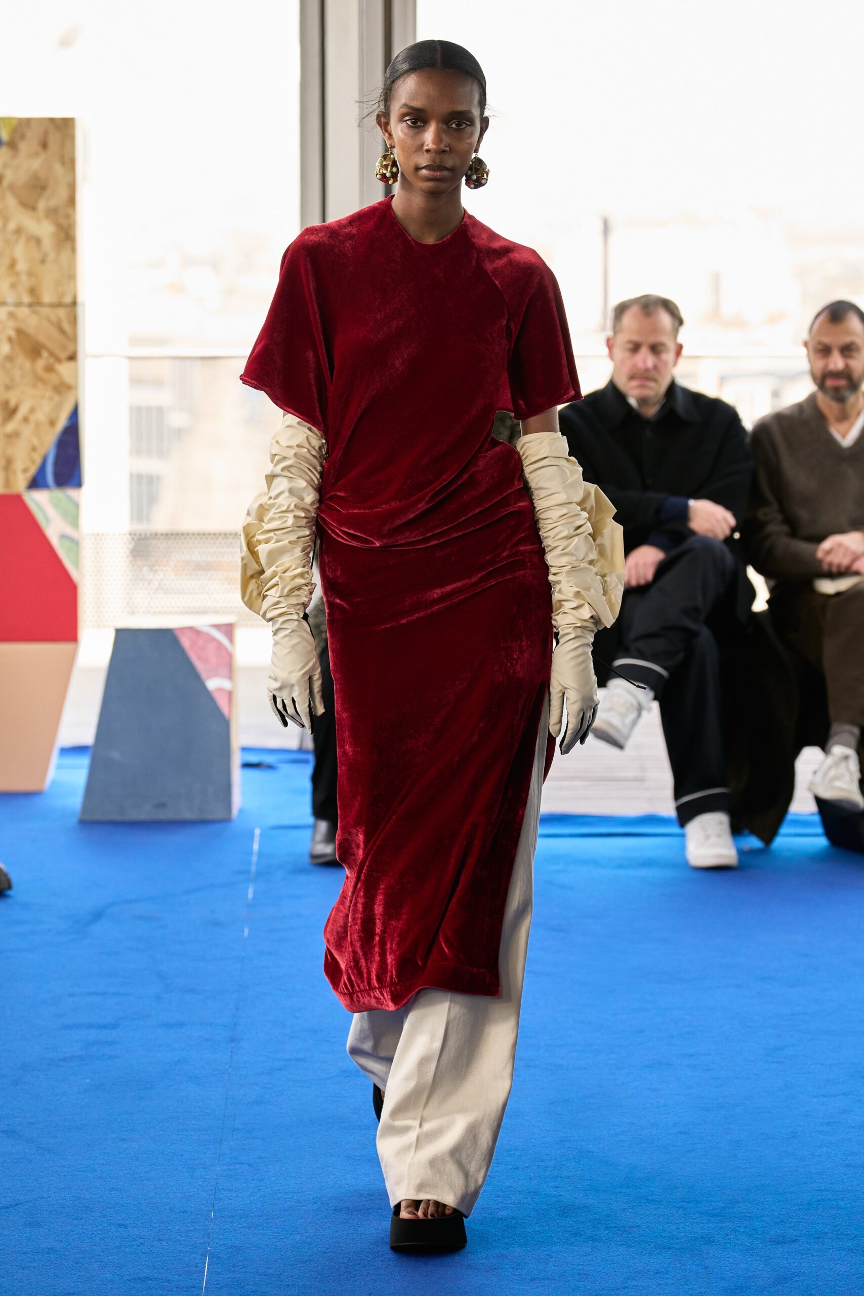 red velvet midi dress with beige pants