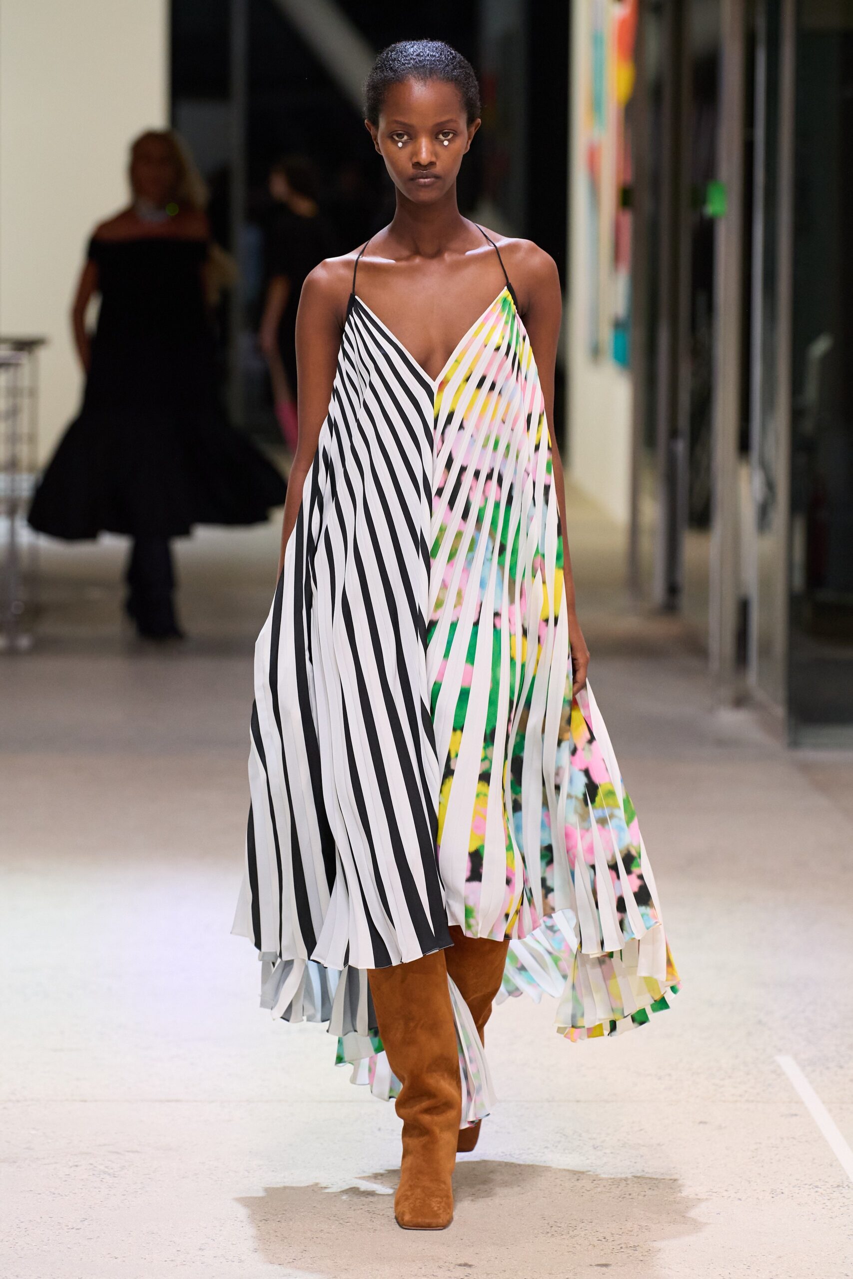 asymmetric pleated color-blocked dress