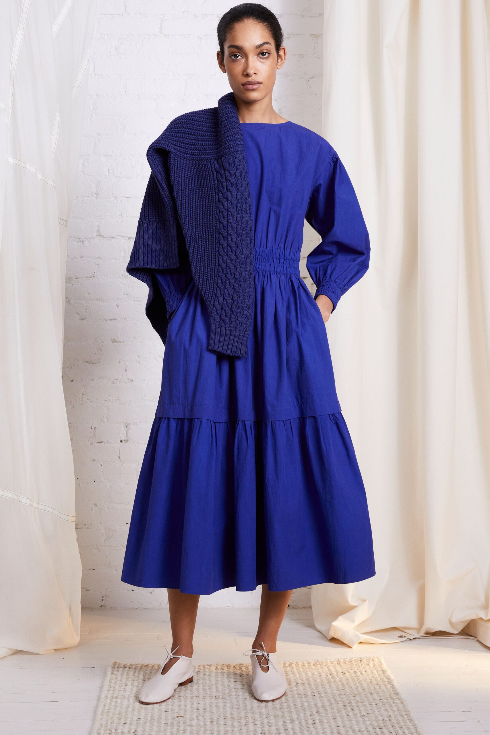blue cotton midi dress with knit sweater