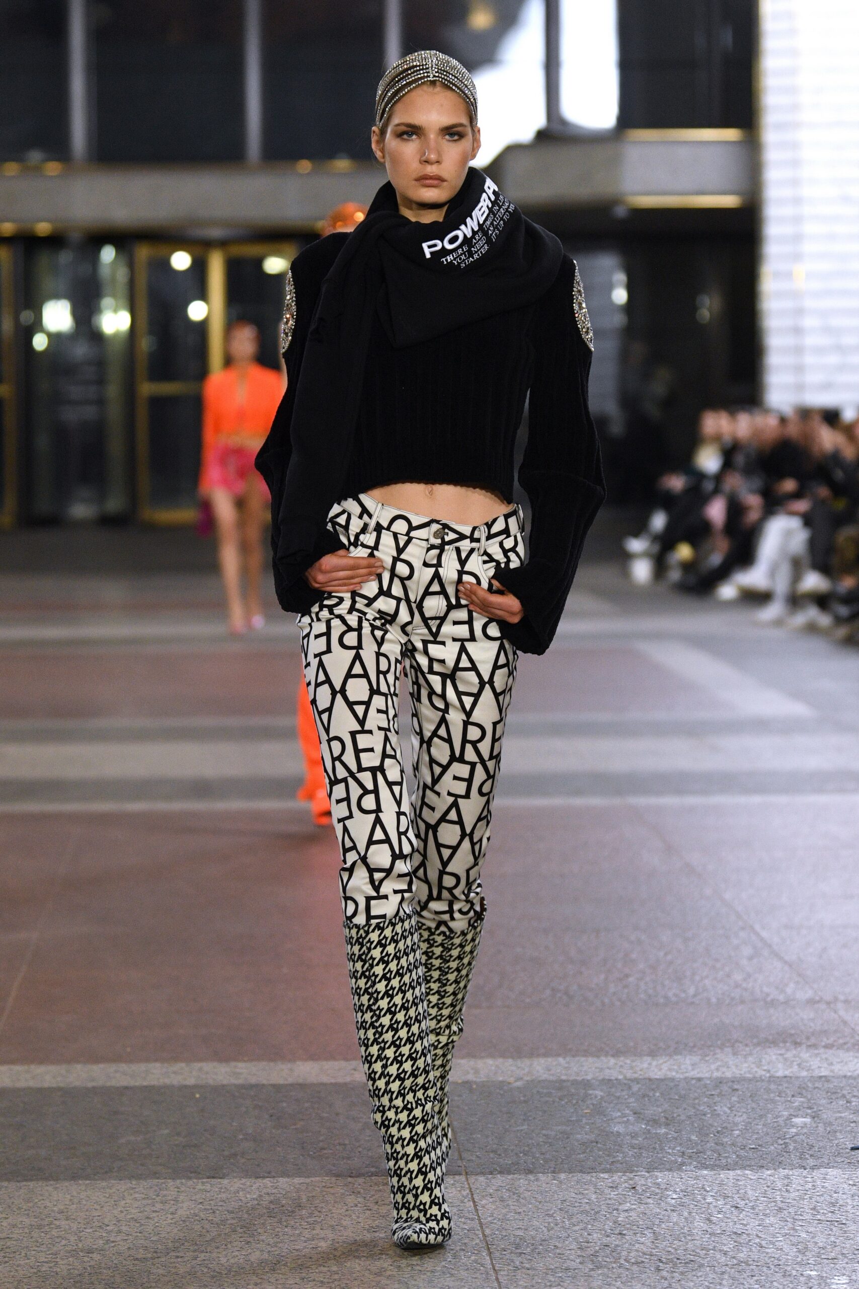 black velvet fitted top with printed pants