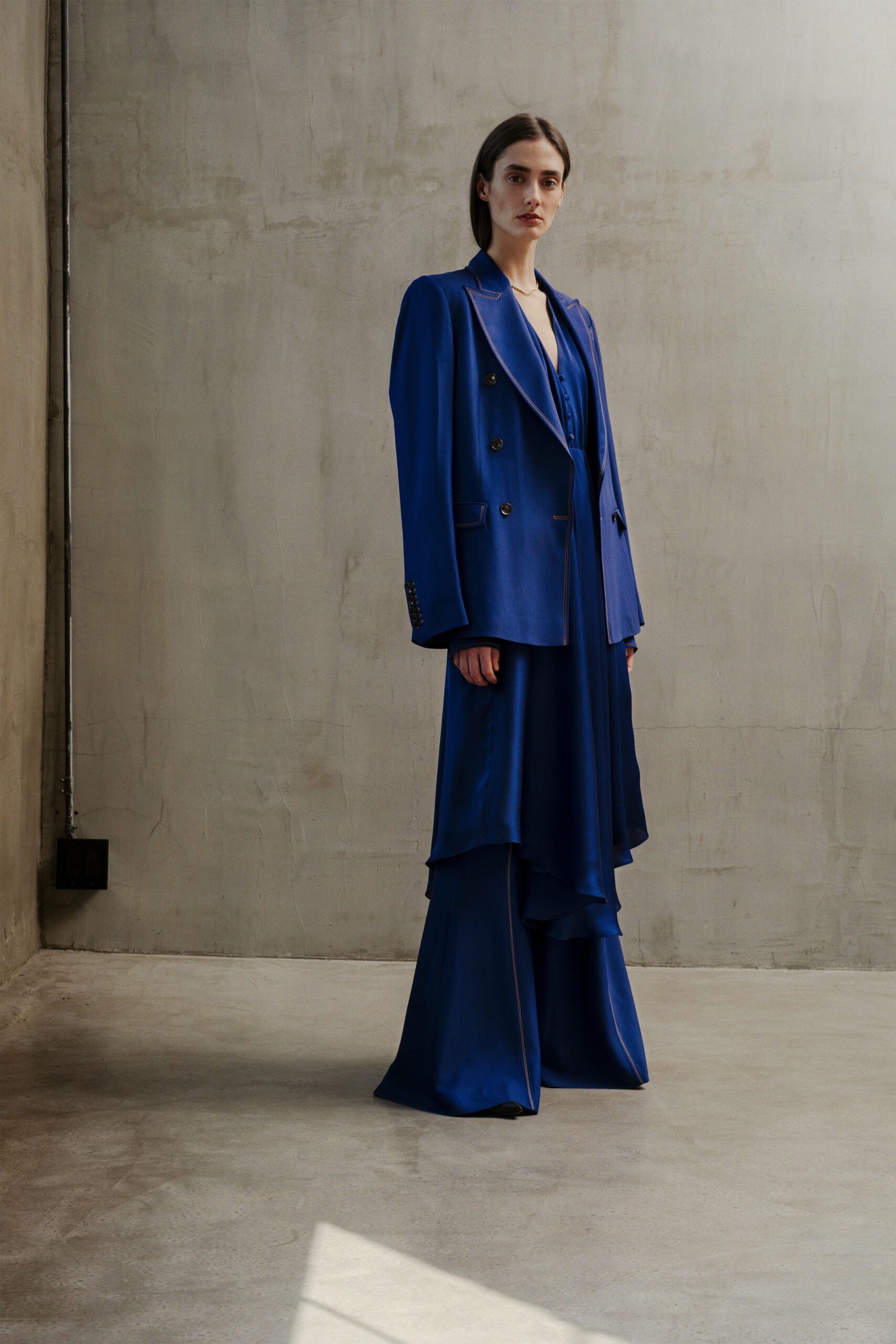 blue silk tailored blazer and dress