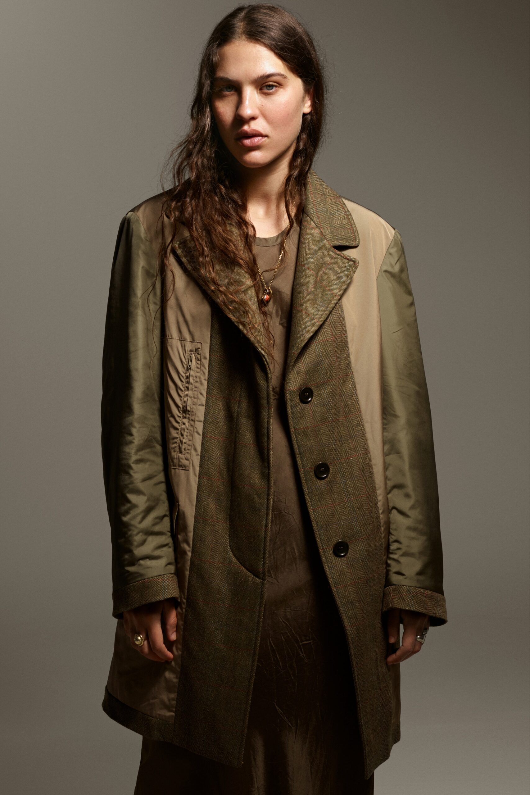 brown green coat with silk dress