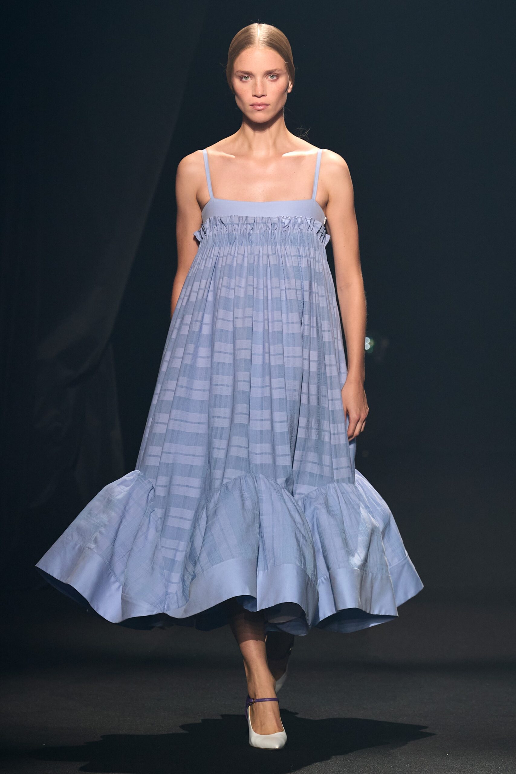blue cotton tiered midi dress