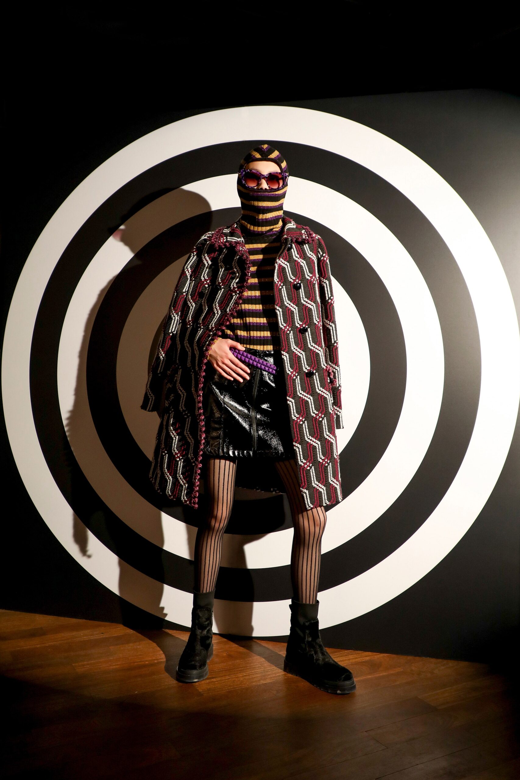 multi-colored wool coat with fitted top