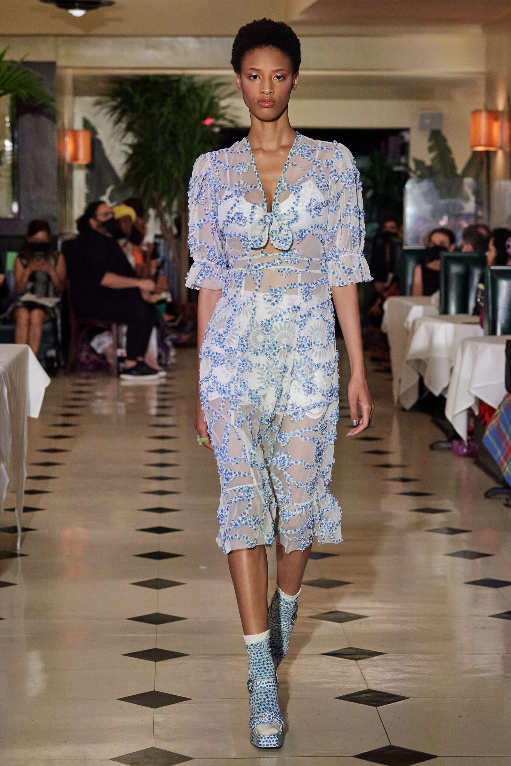 blue and white embroidered midi dress