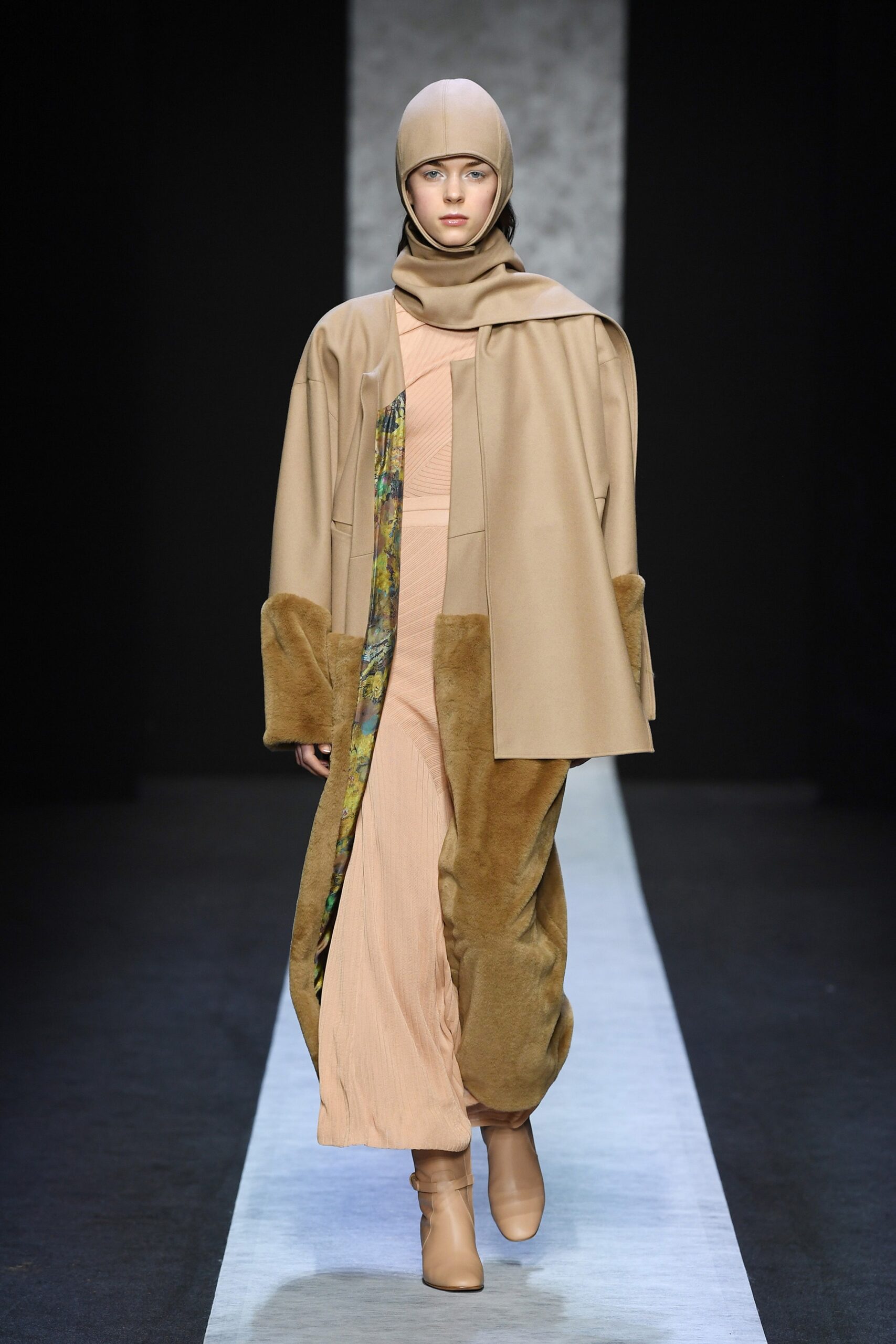 beige coat with pink dress