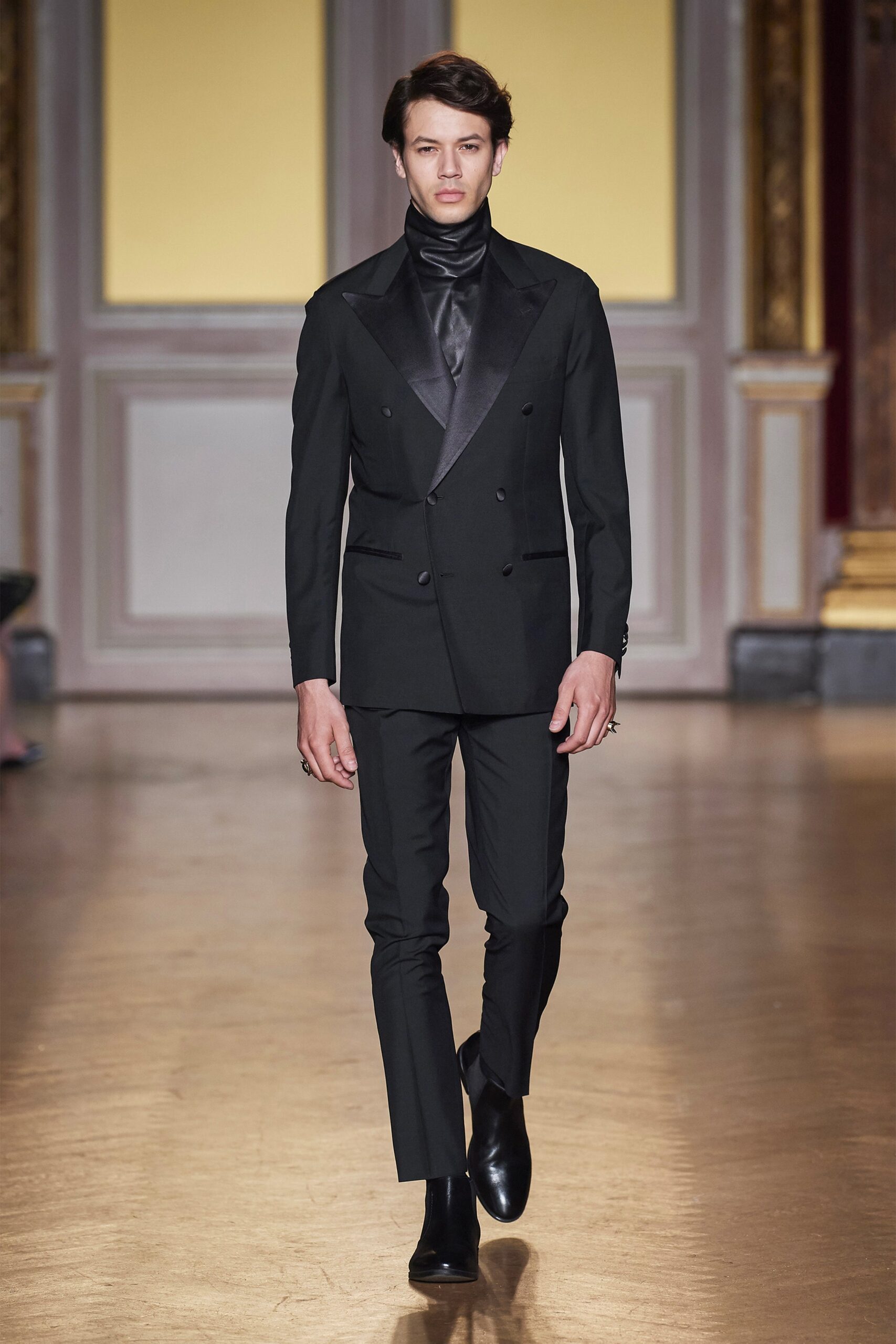 black tailored suit with leather shoes