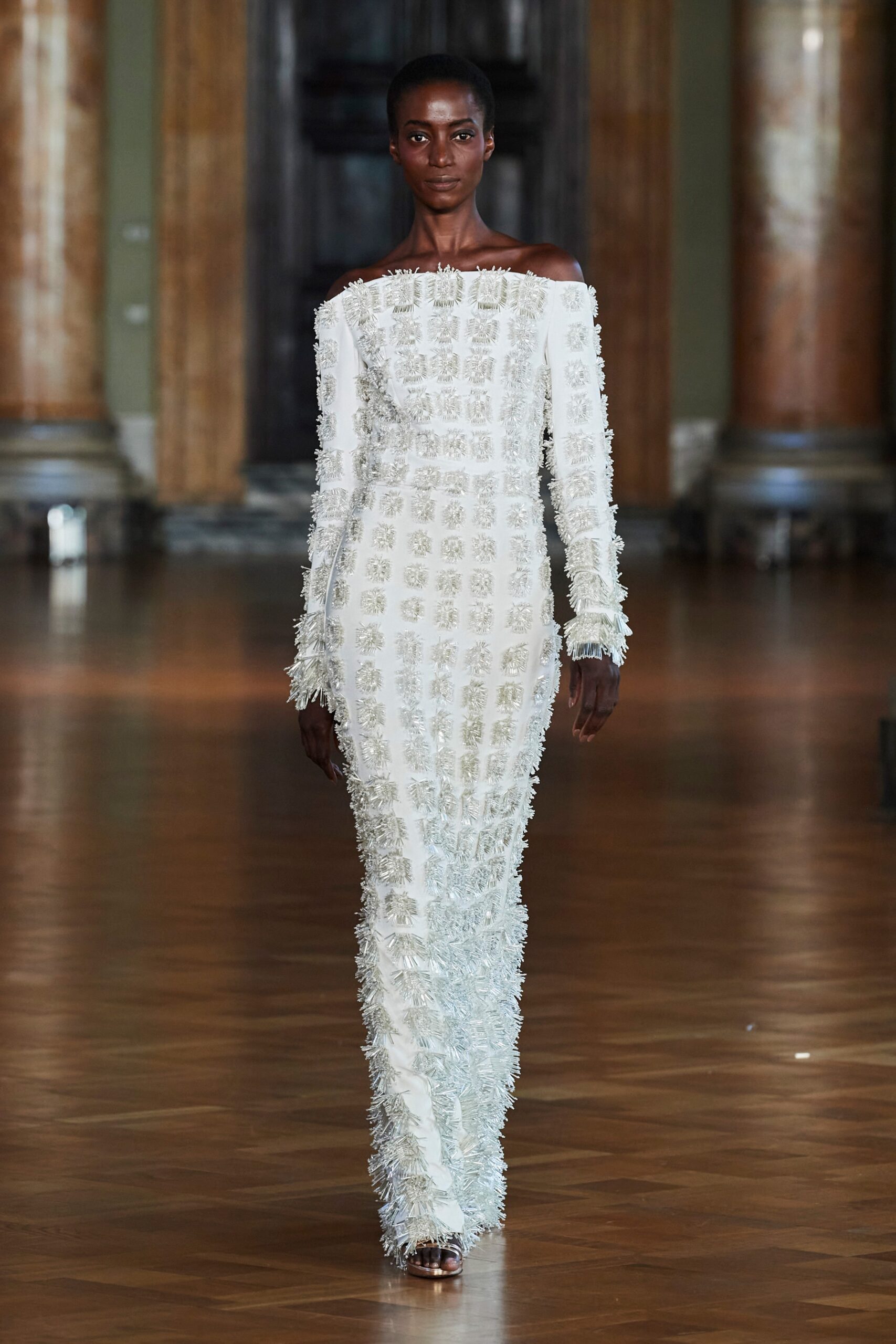 white off-shoulder embellished gown