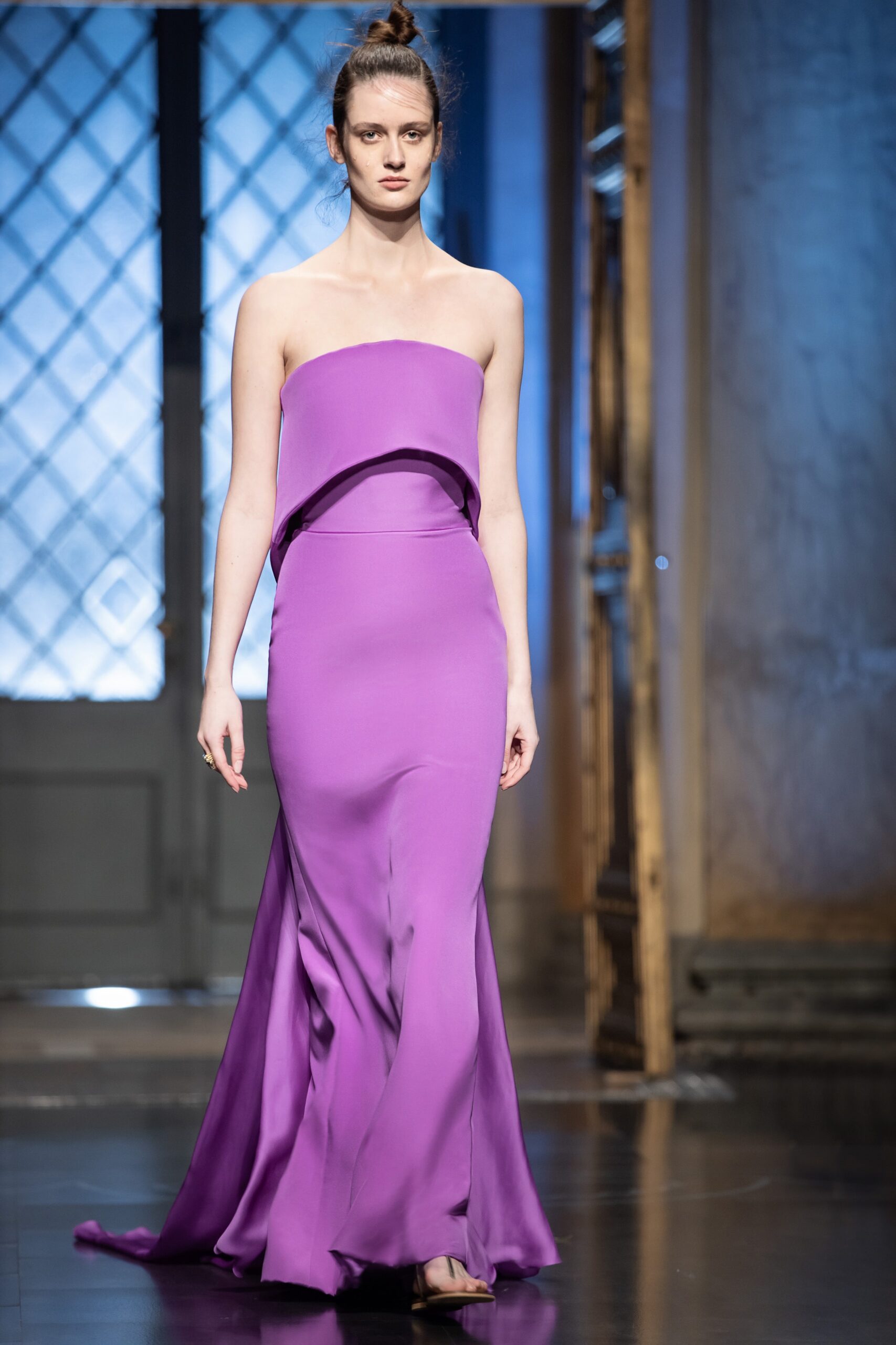 purple silk strapless gown