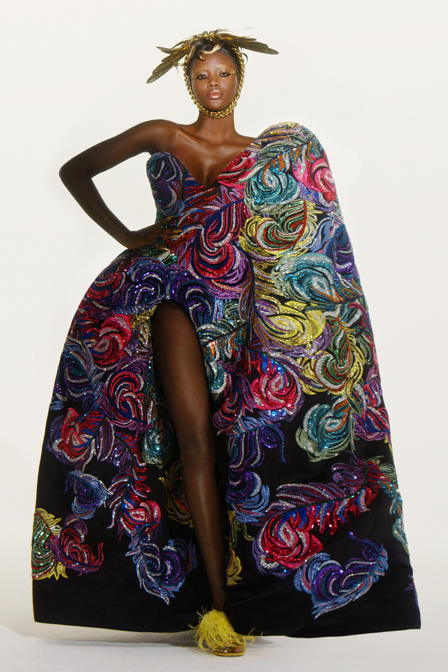black multi-colored embroidered gown