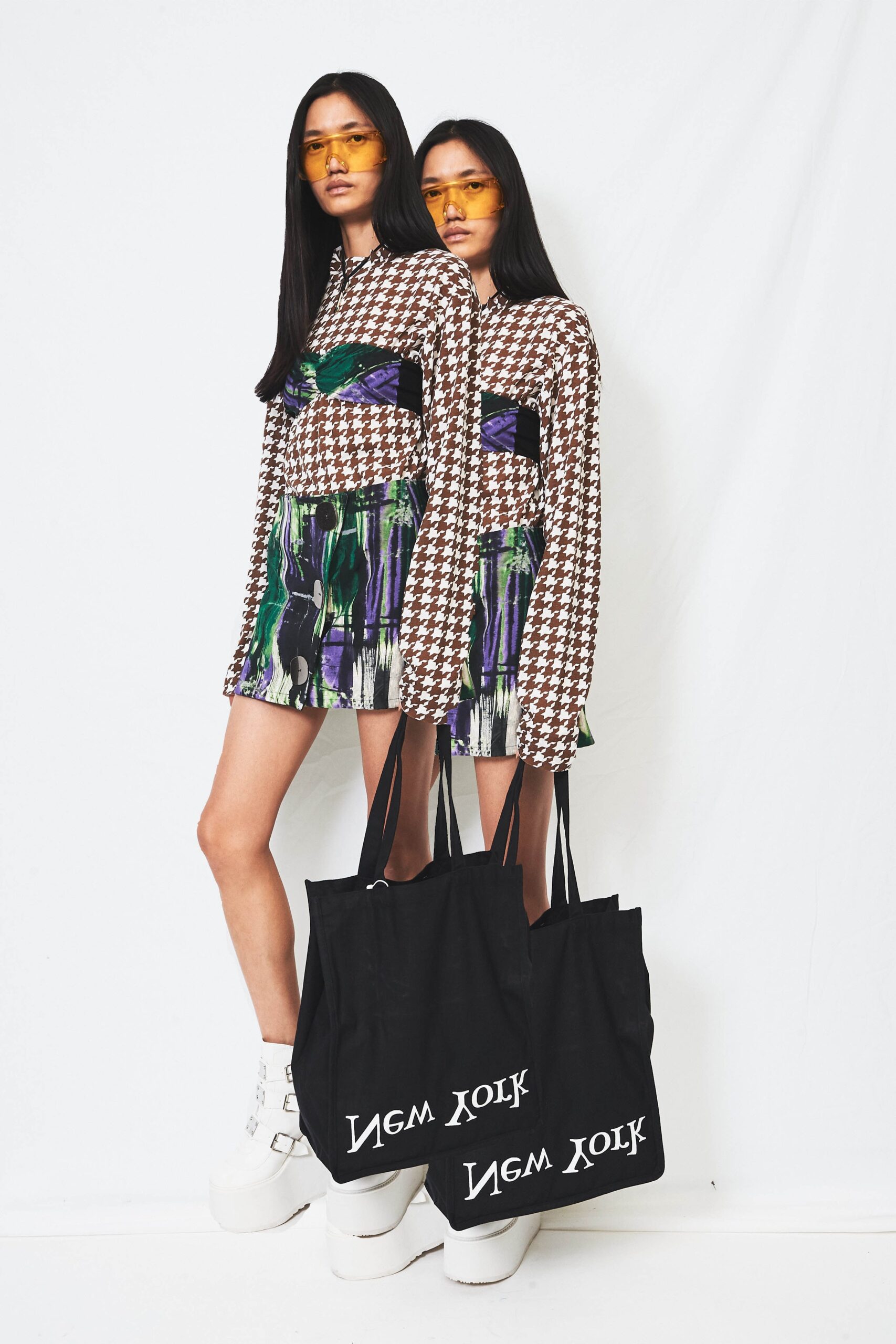 brown checked top with mini skirt