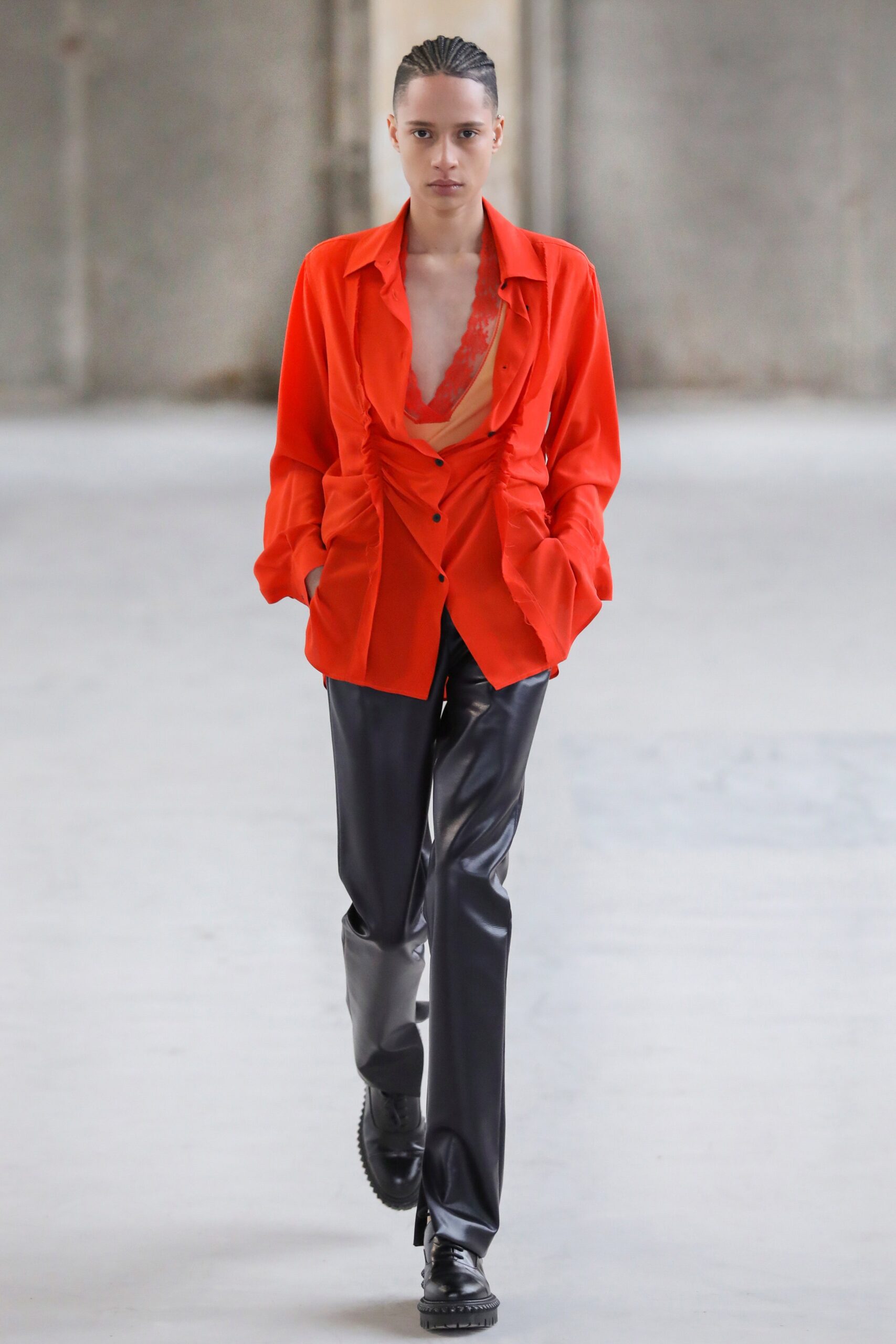 red silk long-sleeve v-neck relaxed buttoned shirt