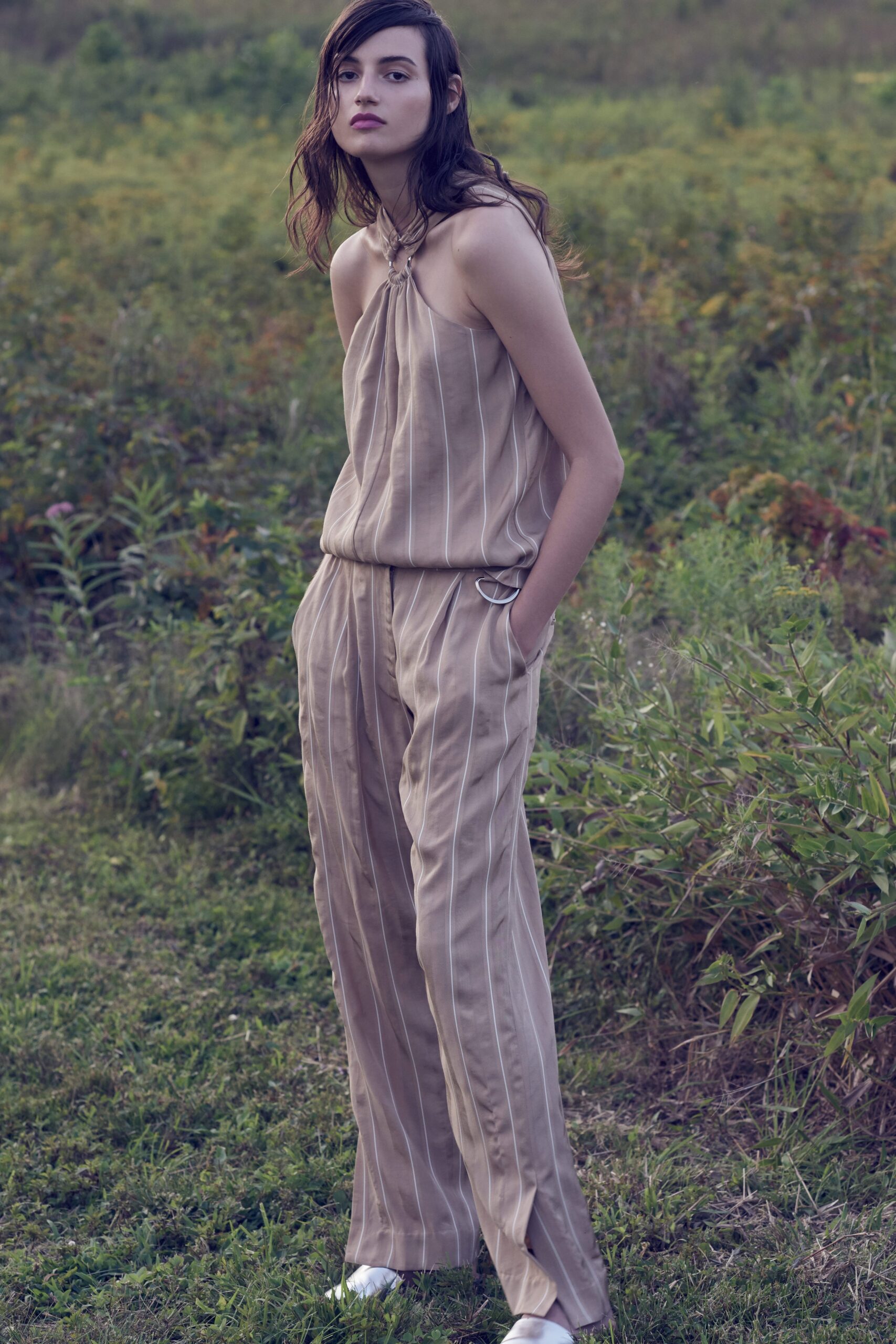 beige silk sleeveless high-neck relaxed striped jumpsuit