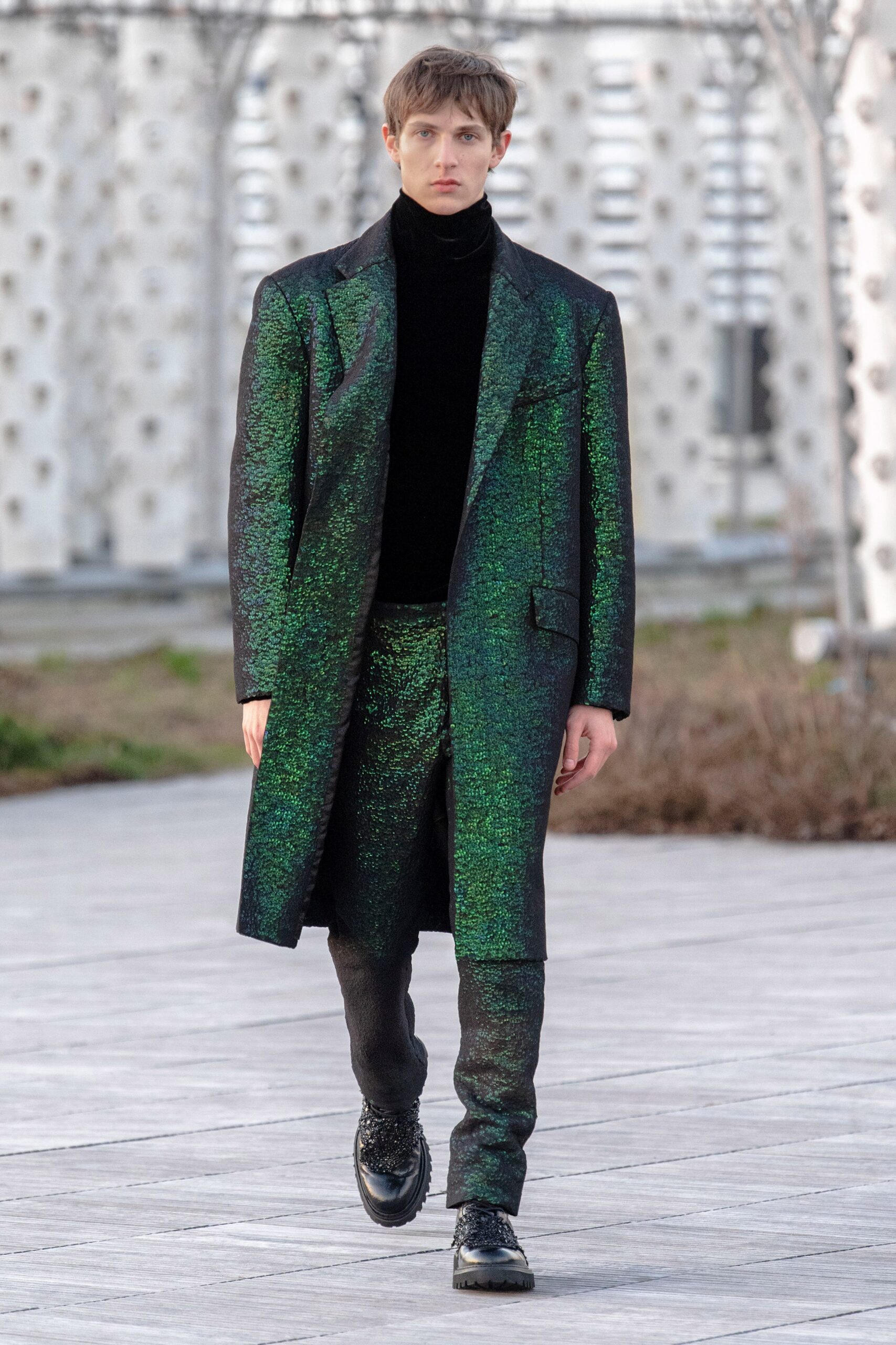 black metallic long-sleeve collared fitted buttoned shiny coat