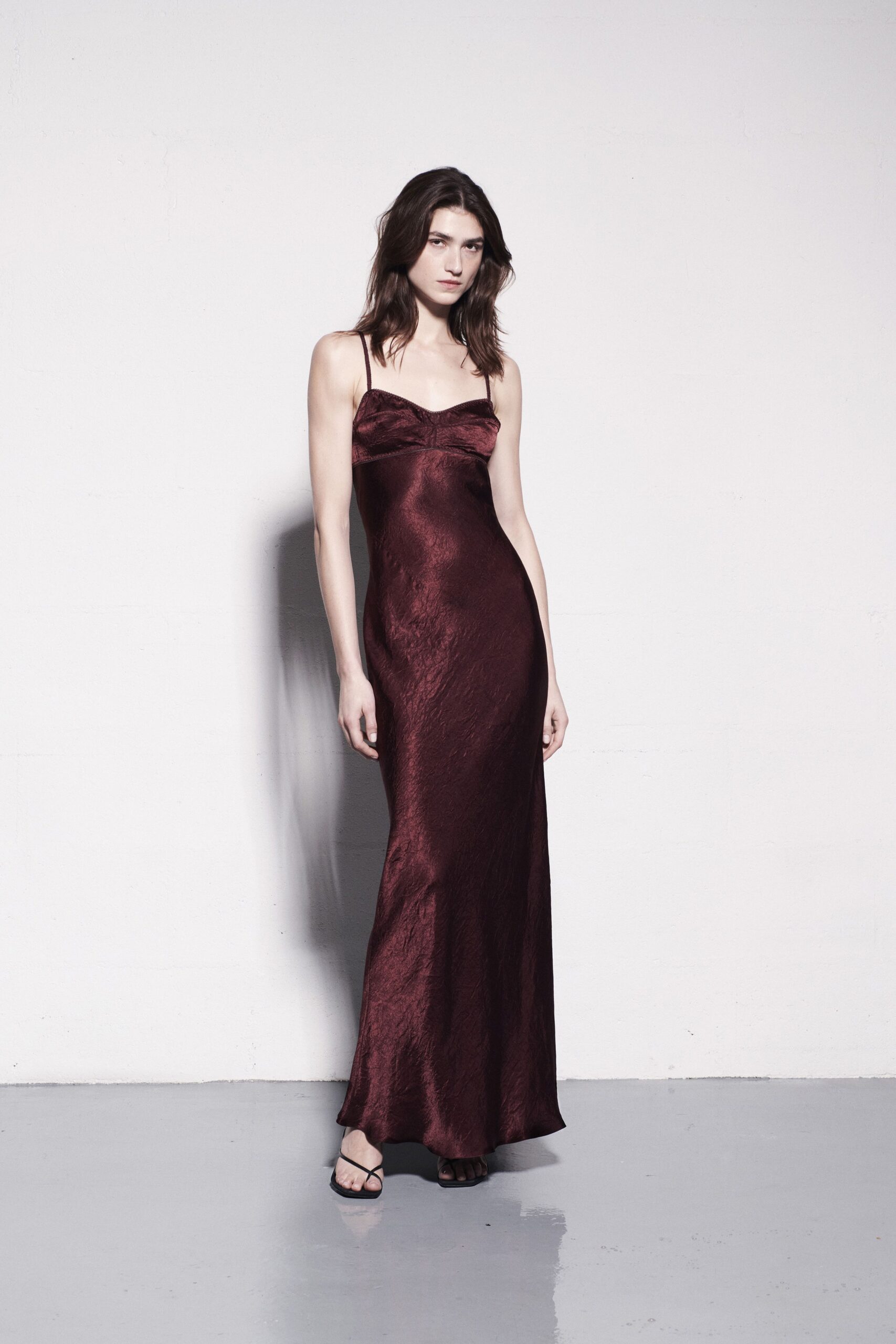 fitted maroon silk gown