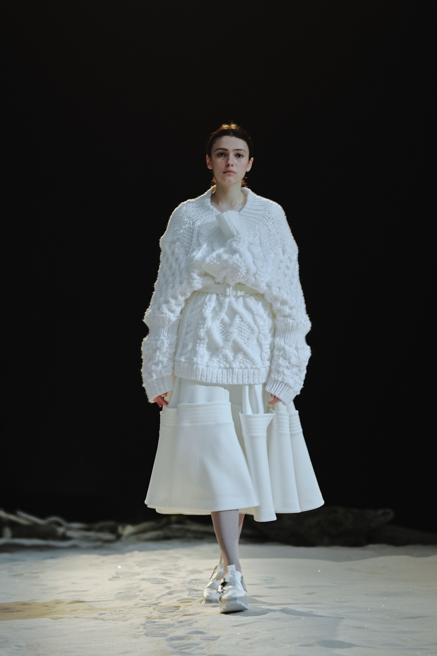 white oversized sweater and midi skirt