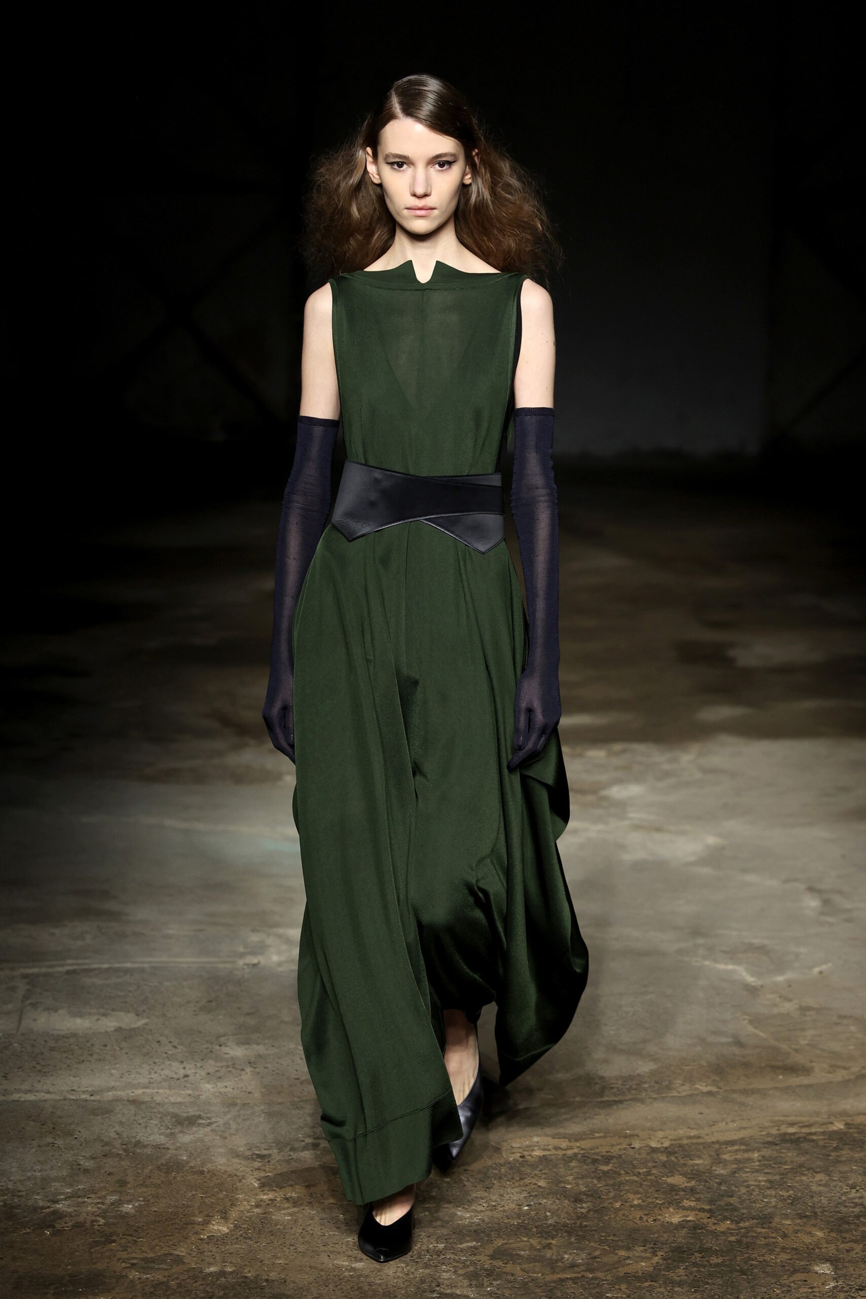 green silk maxi dress with gloves