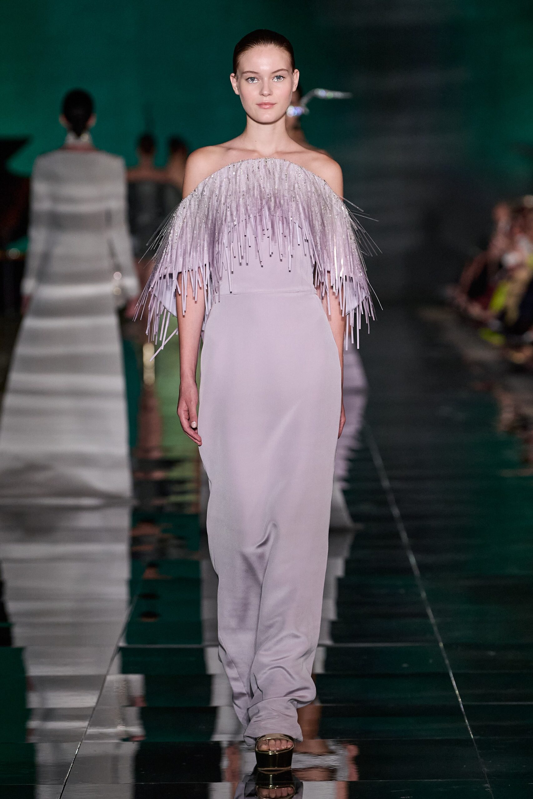 lavender silk strapless gown