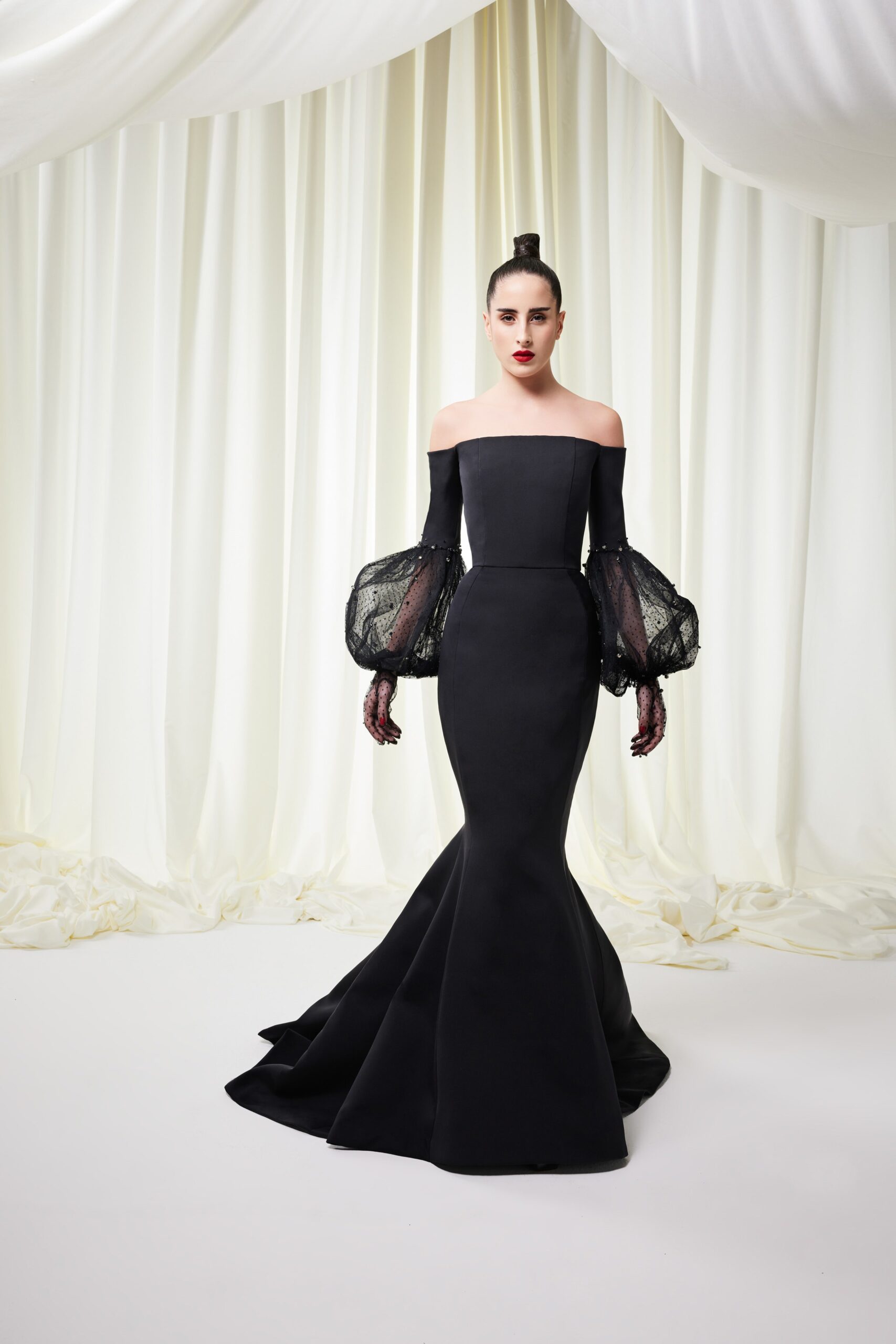 black silk off-shoulder gown