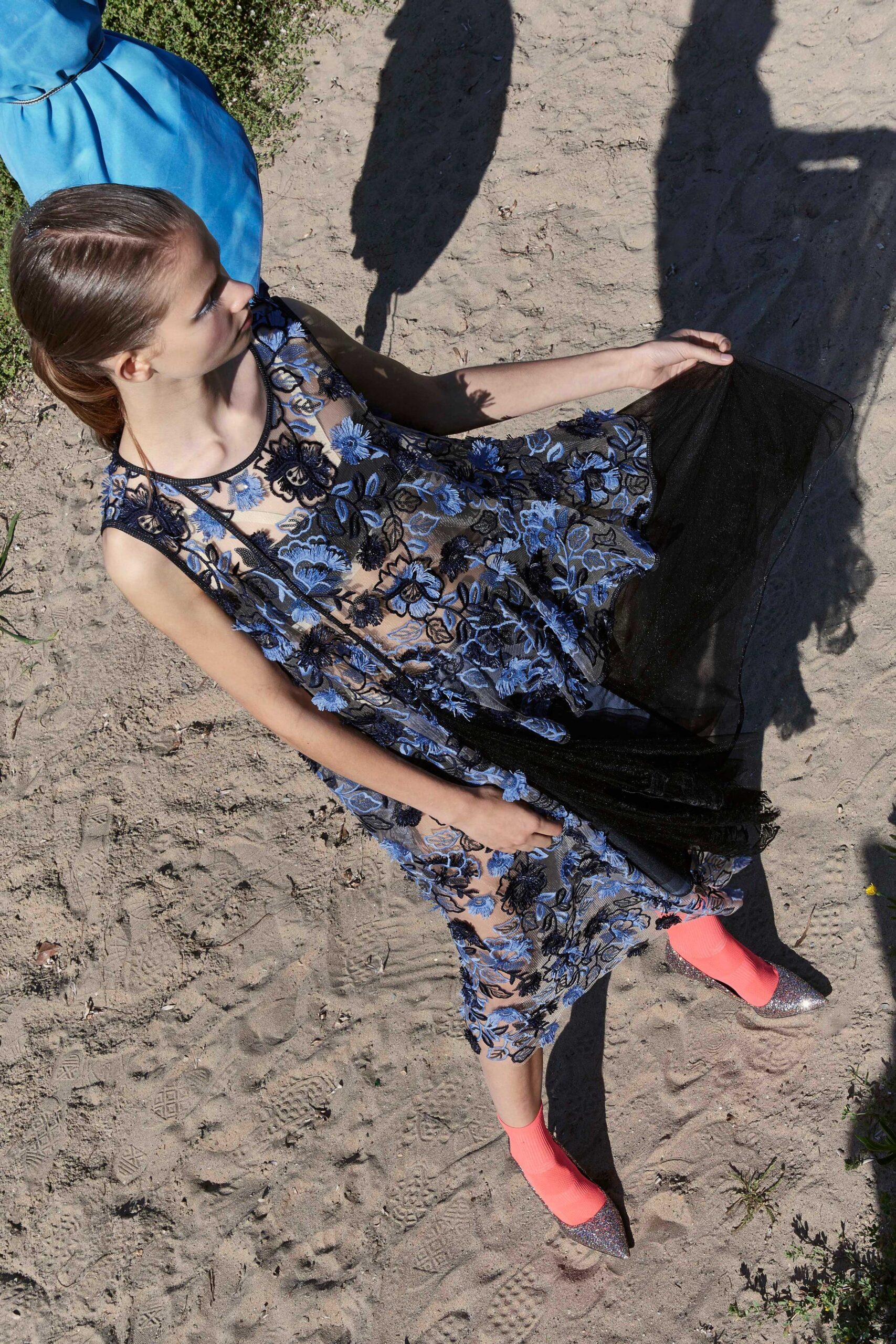 blue lace embroidered midi dress