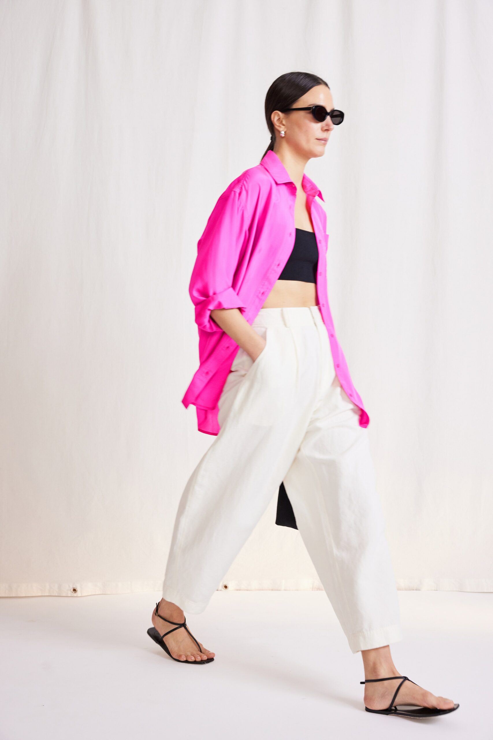 pink cotton long-sleeve collared oversized buttoned shirt
